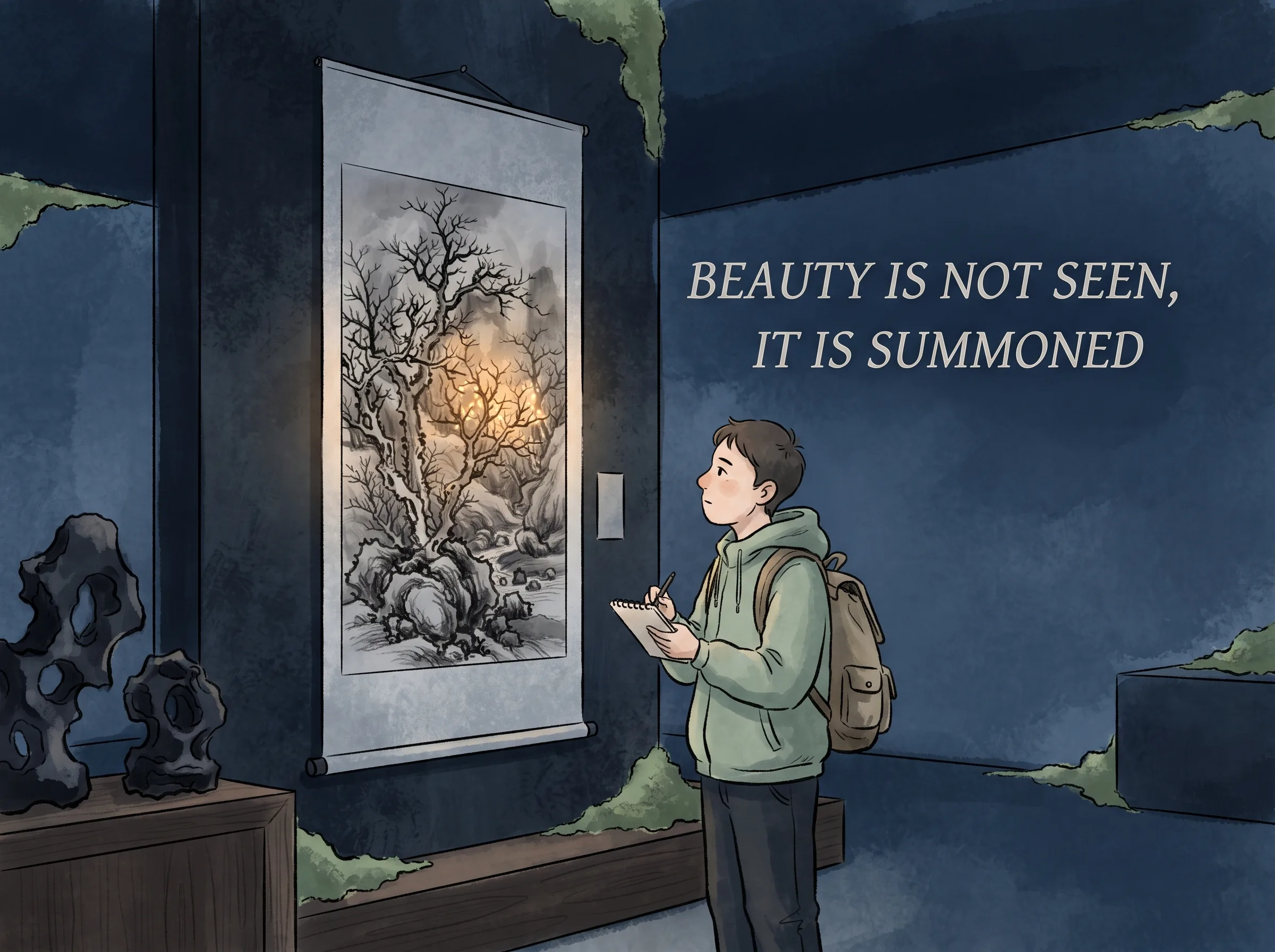 a modern thoughtful traveler standing before an ancient hanging scroll of gnarled winter trees and weathered rocks, gentle philosophical glow surrounding the withered branches revealing hidden vitality, deep Prussian blue museum atmosphere and dark scholar rocks in contemporary literati Chinese ink wash in deep Prussian blue and sage green with ample Xuan paper negative space, illustrating beauty is not seen, it is summoned, embodying 当代读者在古代枯木怪石图前驻足沉思，从最初的'不解'逐渐觉察到枯枝傲骨中蕴含的惊人生机，审美谦逊唤醒了对内在精神力量的敏锐感知 on ChiDestiny