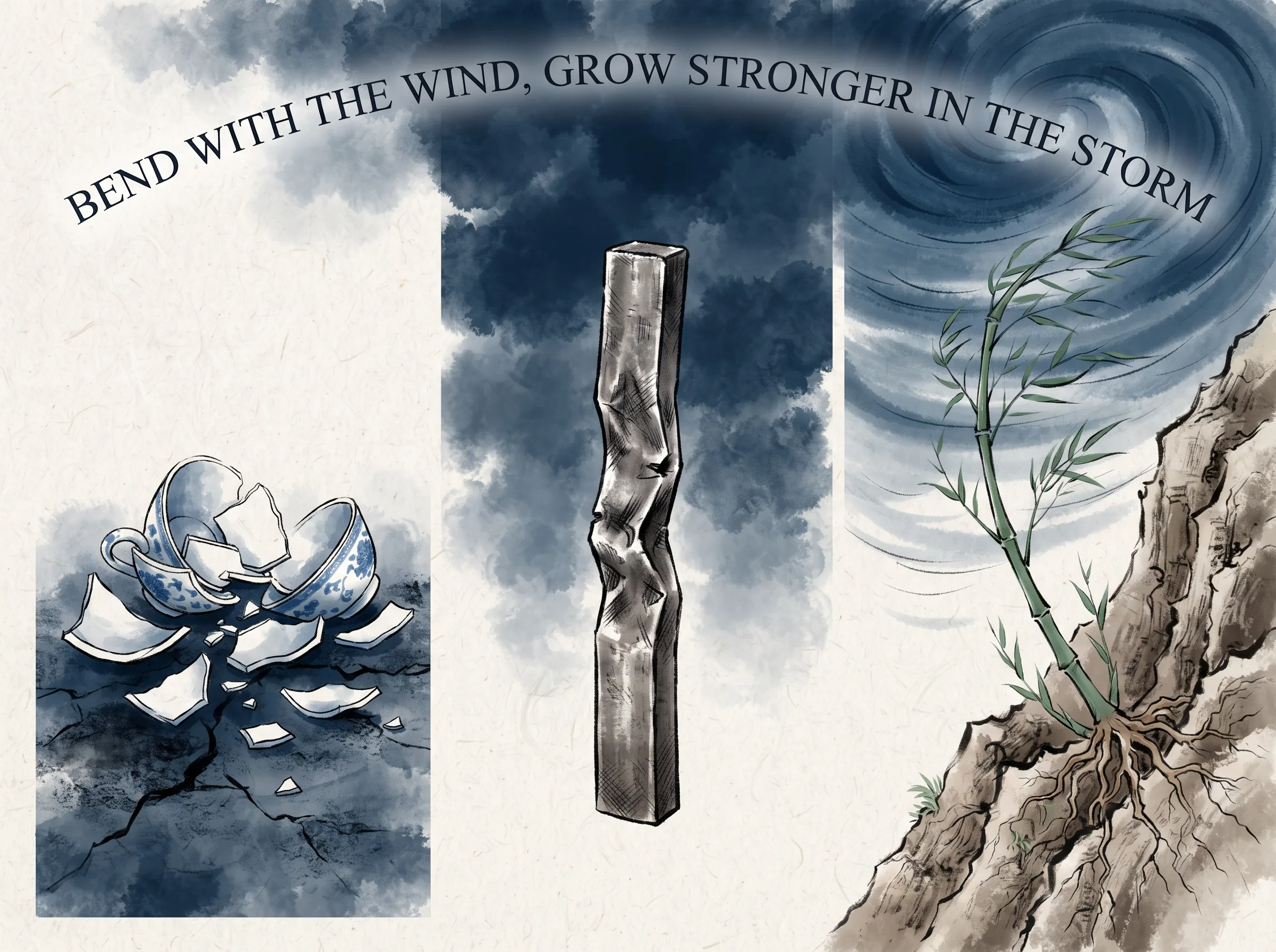 vivid tripartite visual metaphor: shattered porcelain cup fragments on the left, a rigid iron bar dented by a hammer in the center, and on the right a flexible green bamboo stalk swaying gracefully with a wild gale in contemporary literati Chinese ink cartoon style with Prussian blue ink wash, sage green accents, and Xuan paper negative space, illustrating bend with the wind, grow stronger in the storm, embodying 脆弱、坚韧与反脆弱的三种境界：玻璃一触即碎，钢铁硬碰受损，而修竹在狂暴山风中随风低头弯折，风过之后挺拔如初且根系更加坚固 on ChiDestiny