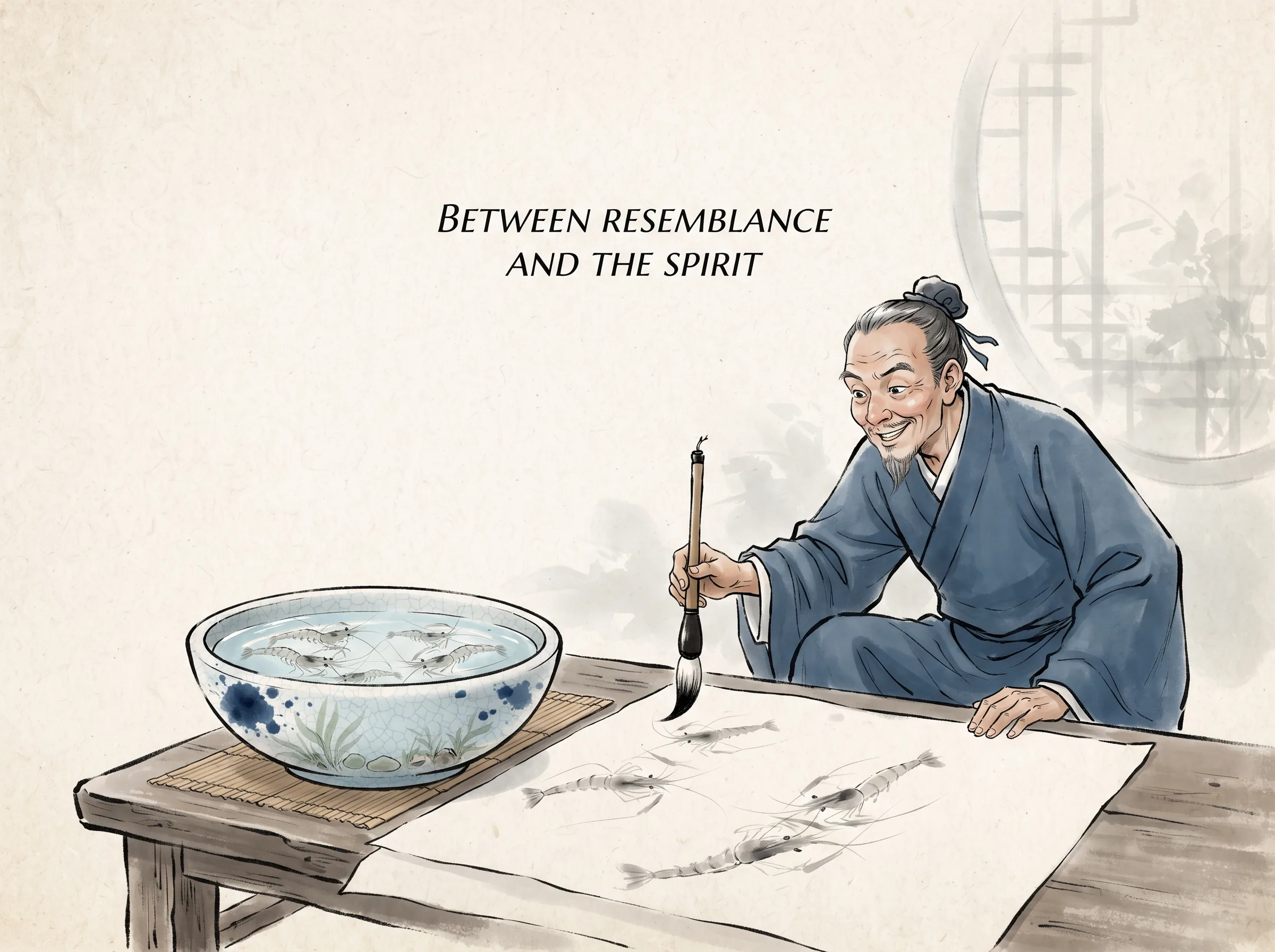 an ancient painter with a playful grin looking closely at swimming river shrimp in a bowl, then lifting his brush to paint swift translucent ink strokes that capture the lively darting energy of the shrimp without rigid anatomical accuracy, deep Prussian blue ink splashes and dish in contemporary literati Chinese ink wash in deep Prussian blue and sage green with ample Xuan paper negative space, illustrating between resemblance and the spirit, embodying 形似与神似的决择：齐白石'作画妙在似与不似之间，太似为媚俗，不似为欺世'，画家笔下的虾蟹不纠结于解剖结构，却满纸都是活泼清澈的生命力 on ChiDestiny