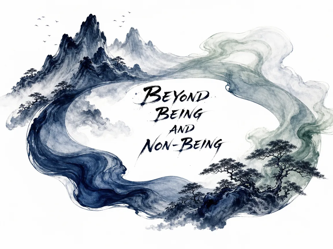 metaphysical abstraction, a continuous mobius-like ribbon of rich ink effortlessly transforming from solid mountains into translucent vapor and back into solid trees, transcending rigid human categories of existence and nothingness in contemporary literati Chinese ink cartoon style with Prussian blue ink wash, sage green accents, and Xuan paper negative space, illustrating beyond being and non-being, embodying 道不可言有亦不可言无，超乎言象与思维边界，墨痕在空无与实相之间回荡，万物流转归于自然元初 on ChiDestiny