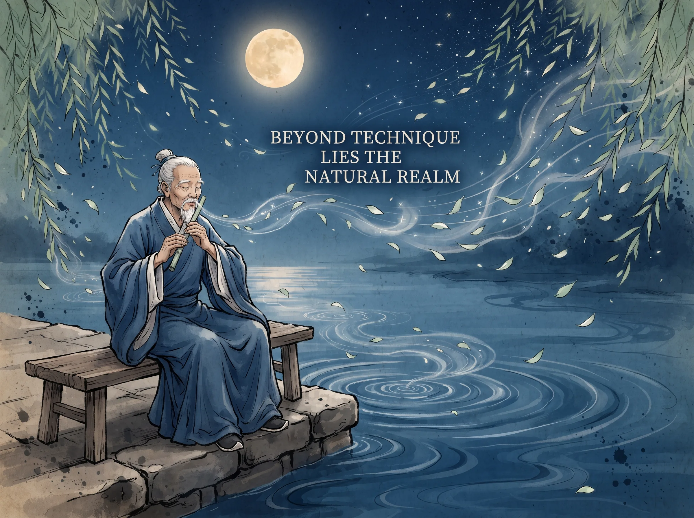 an elderly master flutist playing a simple bamboo flute on a moonlit river pier, the music notes transforming invisibly into rippling water currents and drifting willow petals that merge into the starry night, deep Prussian blue night water and sky in contemporary literati Chinese ink wash in deep Prussian blue and sage green with ample Xuan paper negative space, illustrating beyond technique lies the natural realm, embodying 艺术与生命的至高'化境'：从生拙到熟练，再从熟练到大化无形，技艺化为本能，人器合一，如风行水上自然成纹 on ChiDestiny