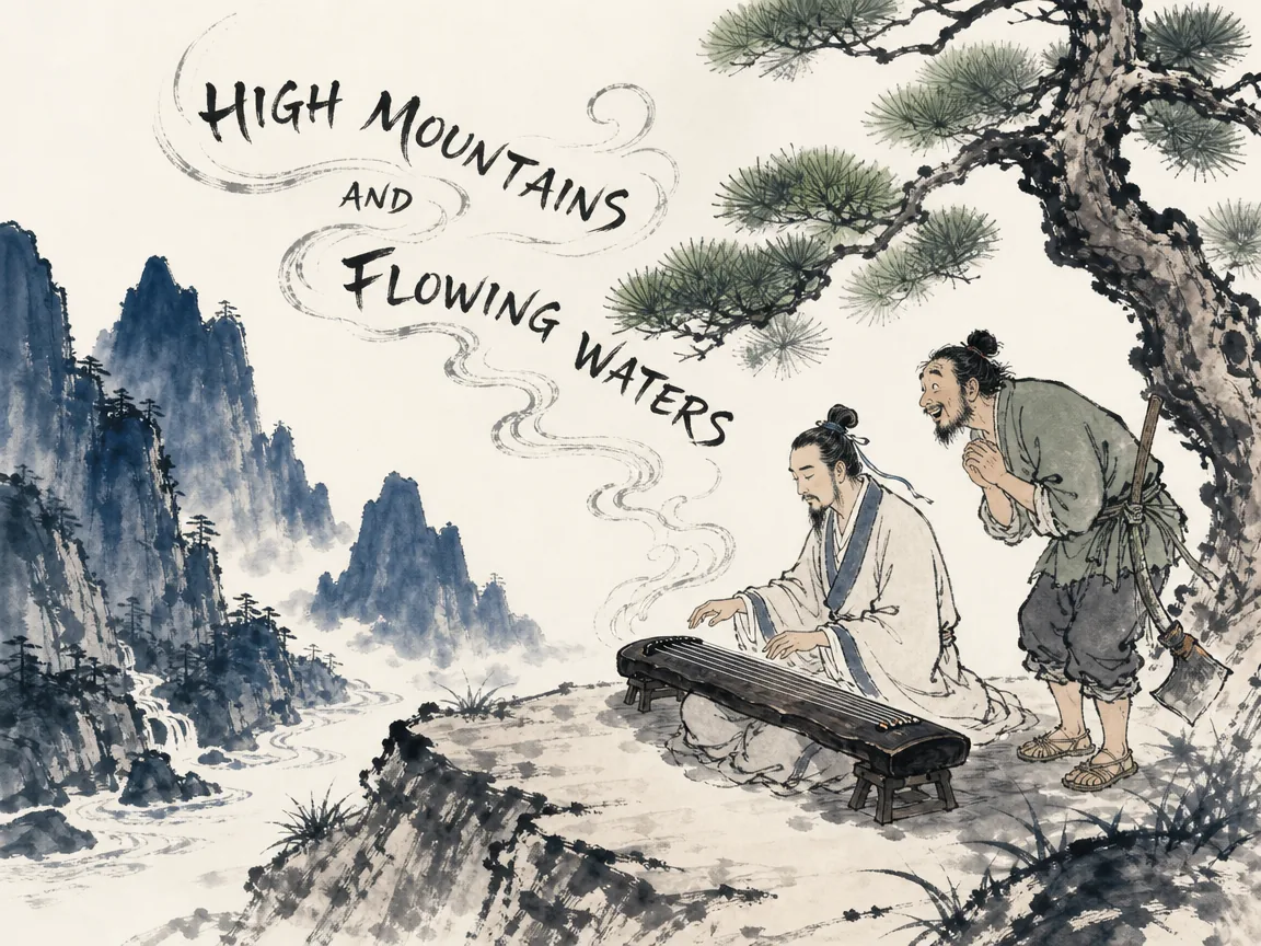 Classical legend of Bo Ya plucking his zither beneath a cliff pine while the simple woodcutter Zhong Ziqi with an axe leans in joyful awe, listening to soaring peaks and rushing rivers in deep Prussian blue mountain peaks, fresh sage green pine needles, and generous negative space, illustrating high mountains and flowing waters, the timeless bond where music and soul are instantly recognized across social hierarchy on ChiDestiny