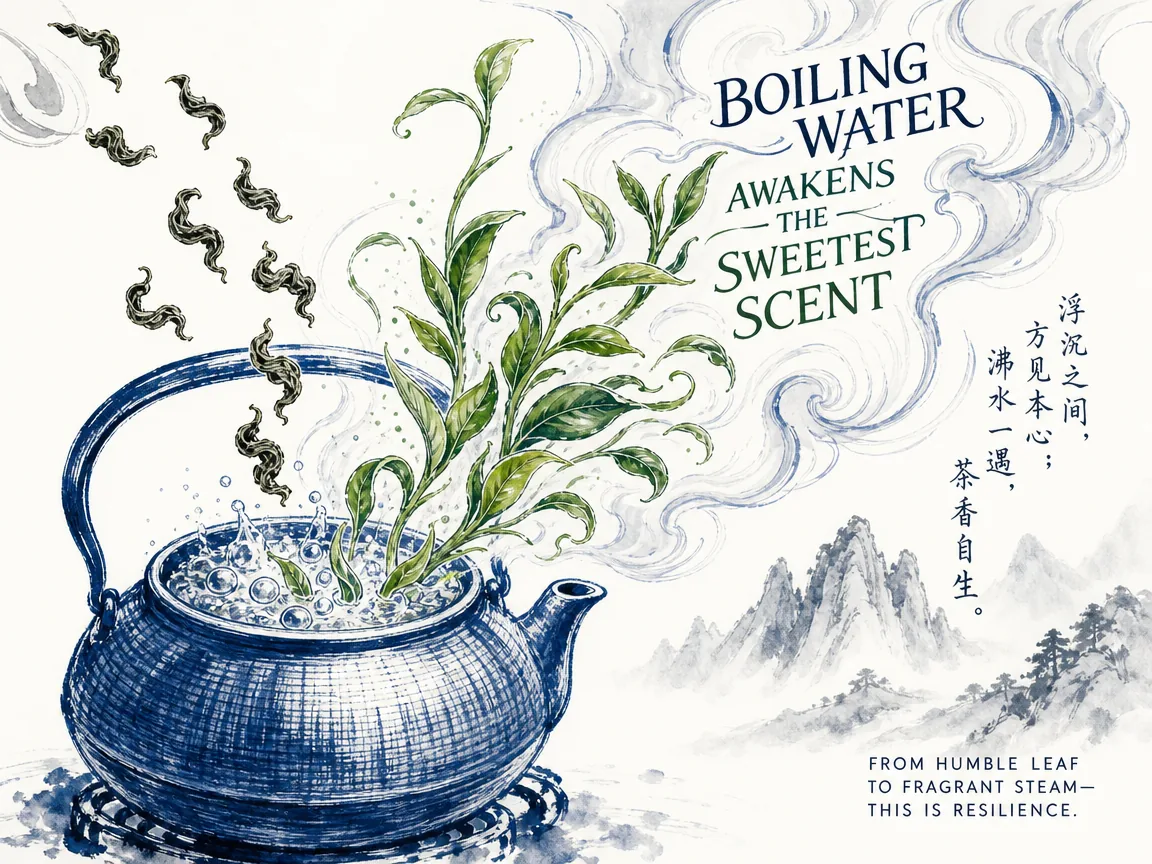 A single dark compressed pu'er tea leaf dropped into violently boiling water, its bitterness exploding outward as curling amber steam rises to reveal the hidden sweetness awakened by intense heat in dramatic Prussian blue boiling water turbulence, warm amber steam fragrance, and luminous Xuan paper, illustrating boiling water awakens the sweetest scent, showing how extreme pressure and adversity unlock the deepest human potential and fragrance on ChiDestiny