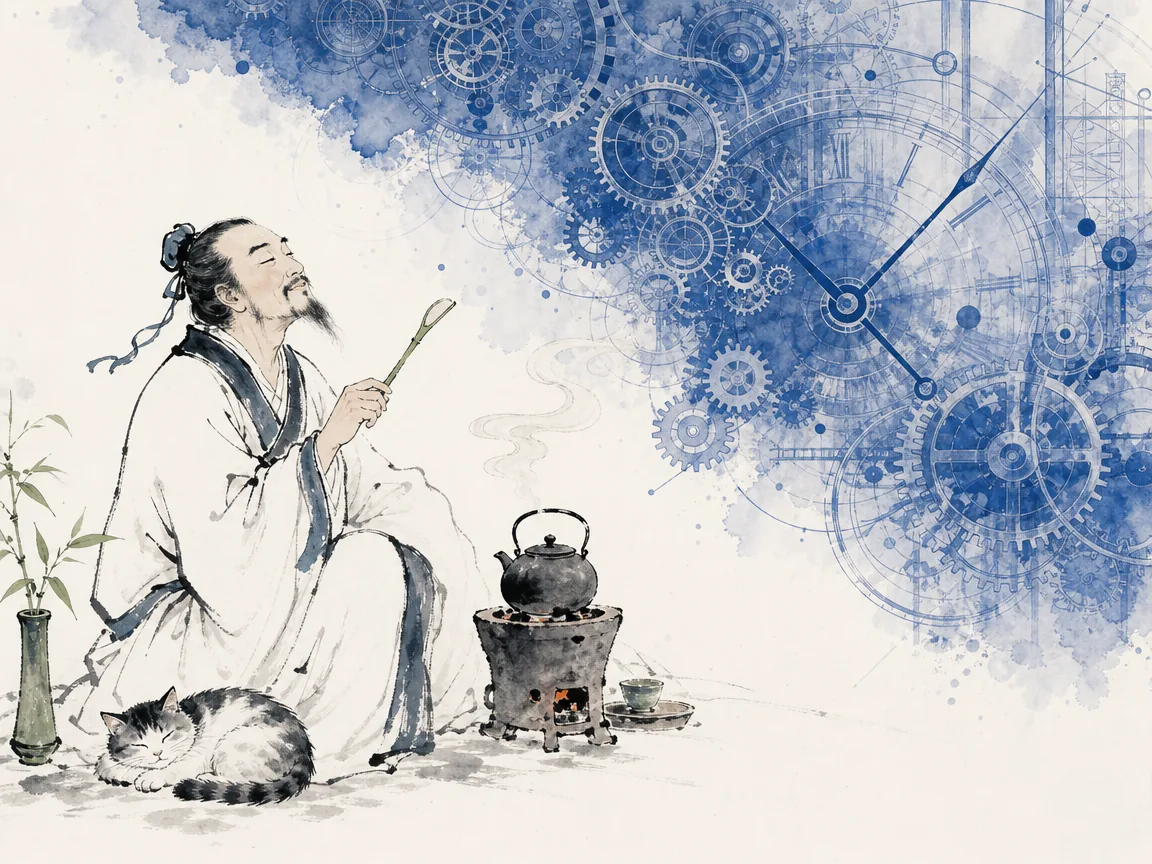 Relaxed literati scholar squatting beside a tiny charcoal stove listening to boiling water with a sleeping cat while ignoring mechanical clock gears in playful literati ink wash contrasting cold geometric gear lines with organic sage green brushstrokes, illustrating sacred slowness and the beauty of useless rituals, drawing from Lu Yu's Cha Jing and Daoist simplicity on ChiDestiny