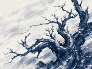 Stark bare winter tree in monochrome ink wash standing firmly against snow, revealing unyielding calligraphic branches in monochrome high-contrast Chinese ink painting with razor-sharp structural brushstrokes, illustrating the Bone Method (Gufa), revealing resilient internal architecture when all superficial leaves fall away on ChiDestiny