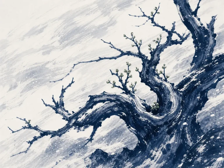 Stark bare winter tree in monochrome ink wash standing firmly against snow, revealing unyielding calligraphic branches in monochrome high-contrast Chinese ink painting with razor-sharp structural brushstrokes, illustrating the Bone Method (Gufa), revealing resilient internal architecture when all superficial leaves fall away on ChiDestiny