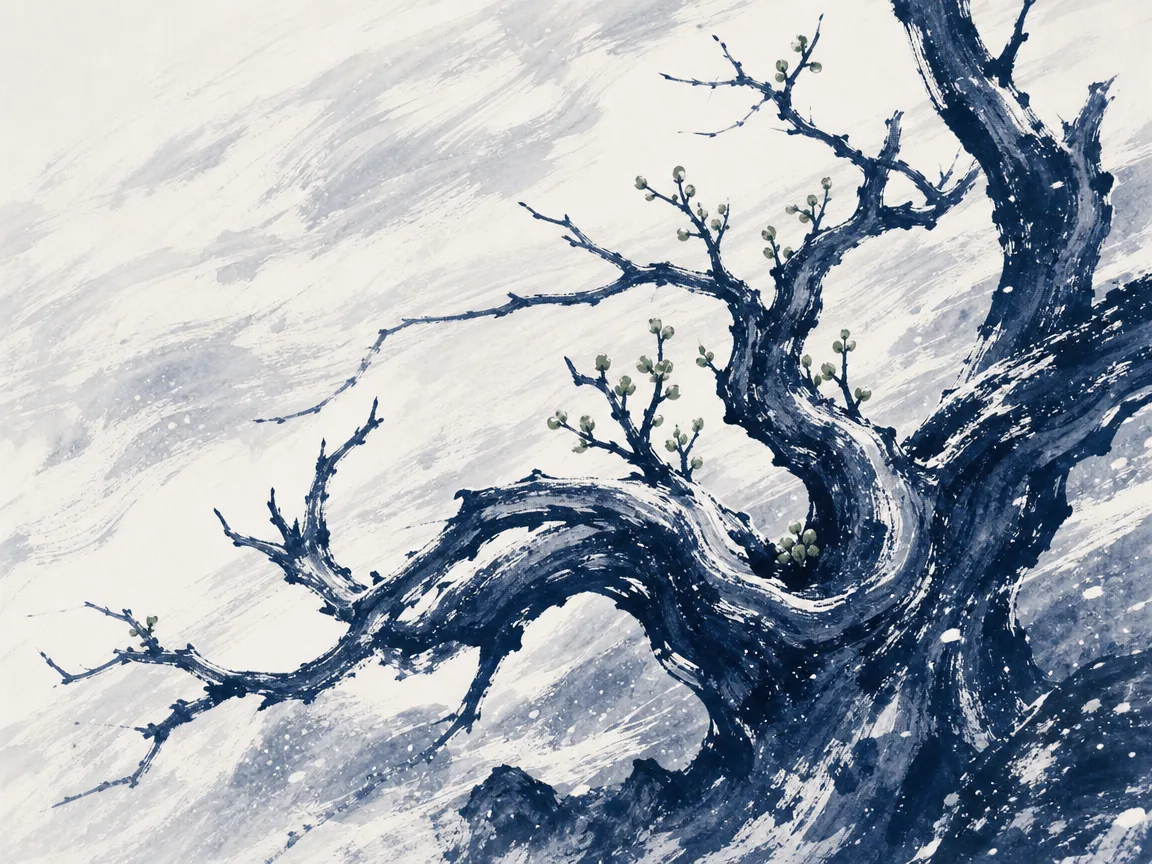 Stark bare winter tree in monochrome ink wash standing firmly against snow, revealing unyielding calligraphic branches in monochrome high-contrast Chinese ink painting with razor-sharp structural brushstrokes, illustrating the Bone Method (Gufa), revealing resilient internal architecture when all superficial leaves fall away on ChiDestiny