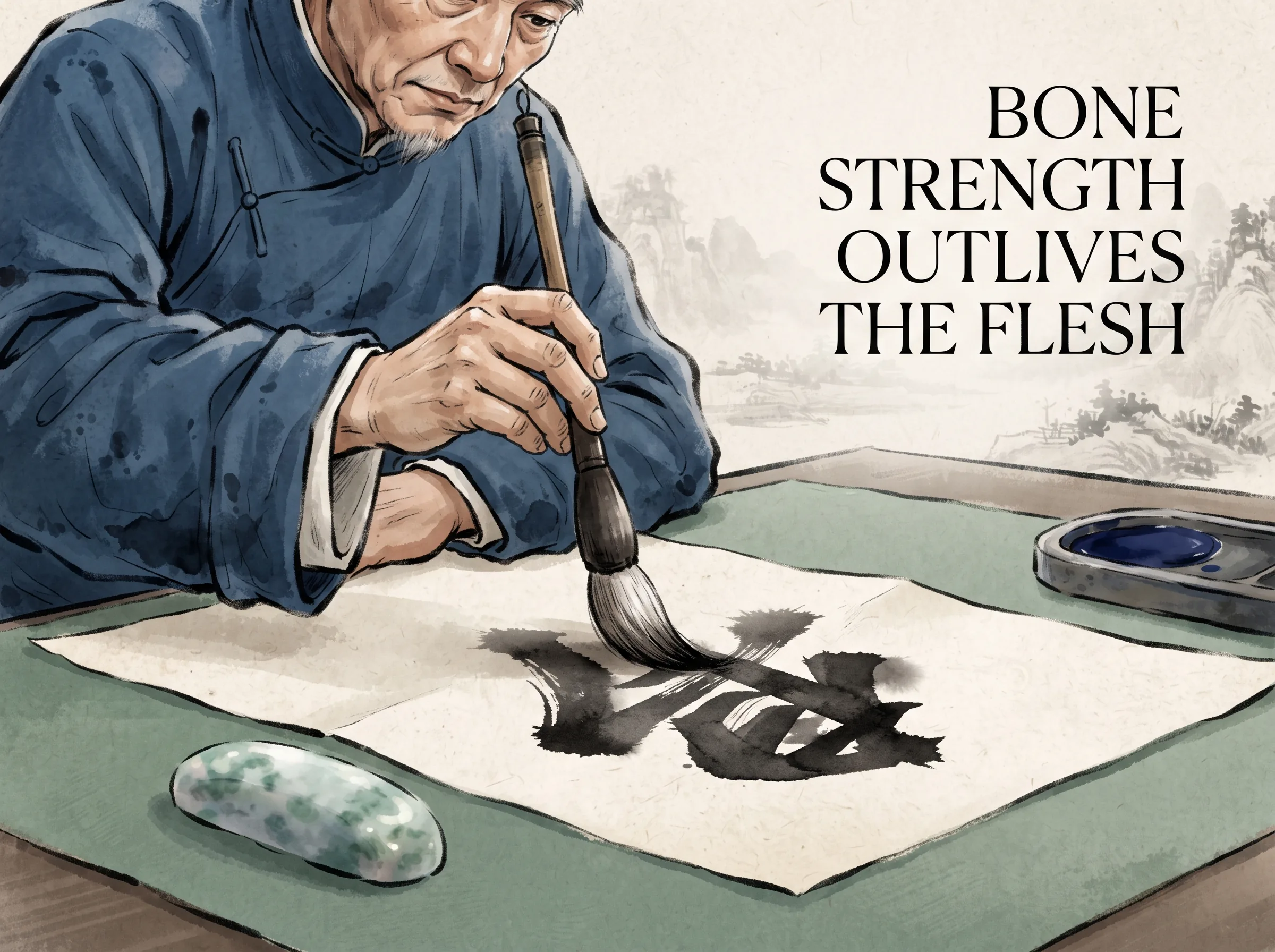 close-up of a resolute calligrapher pressing a large goat-hair brush deeply into Xuan paper, the resulting character stroke dense with internal tension and structural integrity like carved stone, deep Prussian blue ink pools and scholar sleeves in contemporary literati Chinese ink wash in deep Prussian blue and sage green with ample Xuan paper negative space, illustrating bone strength outlives the flesh, embodying 书法中的'颜筋柳骨'：书法家手握提斗大笔，墨透纸背力沉千钧，笔画中蕴含着不屈的人格骨气，形式会风化而骨力长存 on ChiDestiny