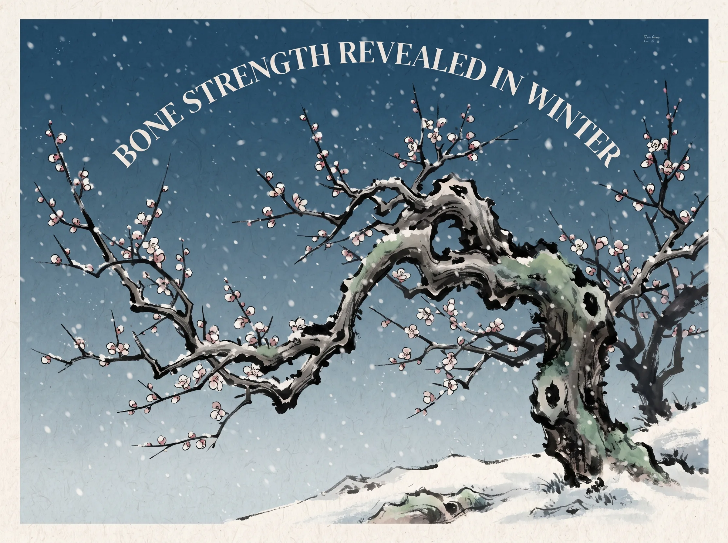 an ancient plum blossom tree in deep winter, its powerful craggy branches twisting like dragons against falling snow, displaying iron-strong calligraphic bone structure while tiny buds prepare to bloom in contemporary literati Chinese ink wash in deep Prussian blue and sage green with ample Xuan paper negative space, illustrating bone strength revealed in winter, embodying 书法与画论中的'骨法用笔'：老梅树在凛冽寒冬中褪去繁华绿叶，唯留虬曲坚韧的苍劲枝干傲立霜雪，骨力即精神之脊梁 on ChiDestiny