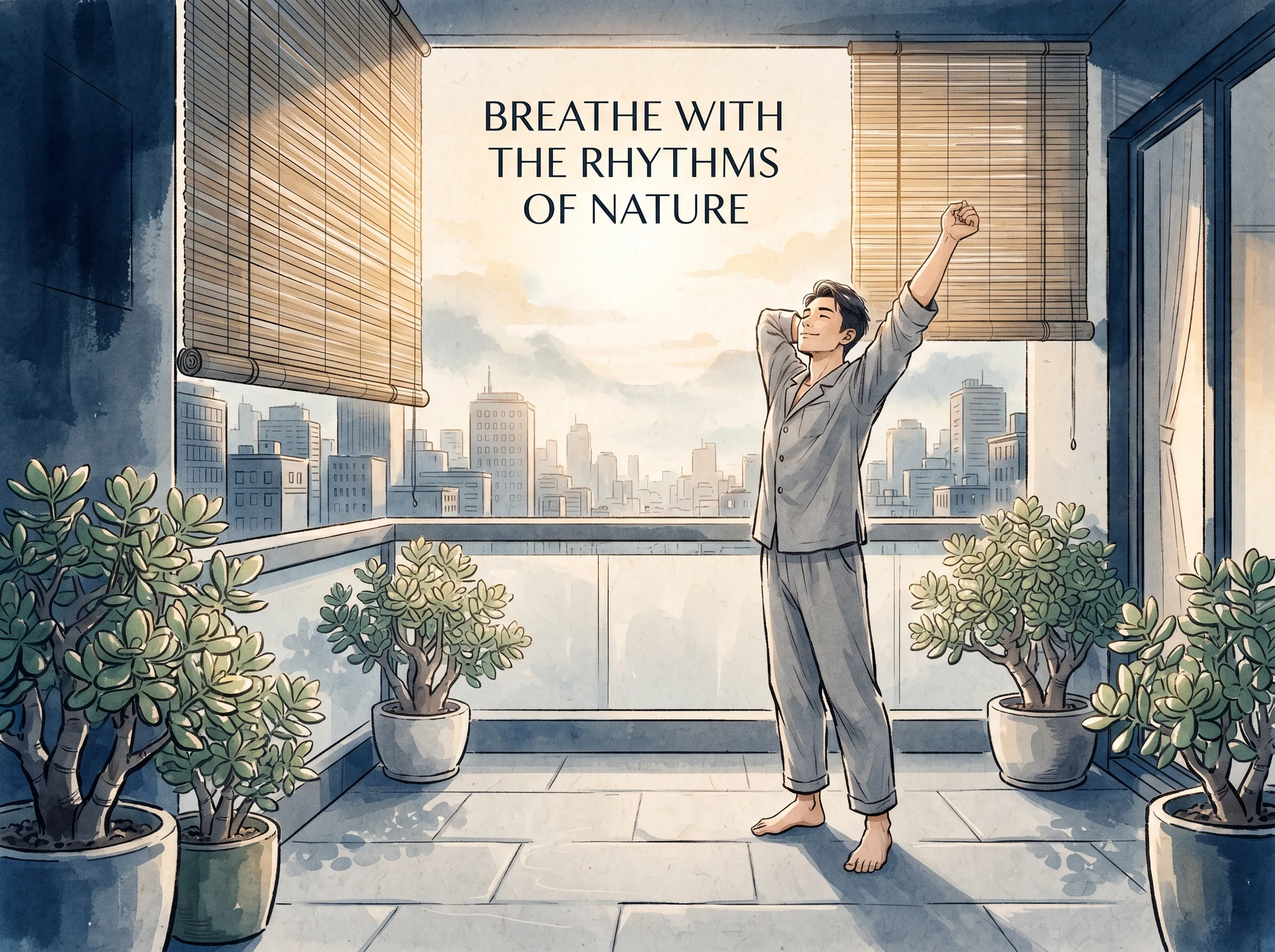 a modern urban dweller standing barefoot on a clean minimalist balcony at sunrise, stretching gently toward soft dawn light filtering through bamboo blinds and potted jade plants, deep Prussian blue apartment shadows in contemporary literati Chinese ink wash in deep Prussian blue and sage green with ample Xuan paper negative space, illustrating breathe with the rhythms of nature, embodying 现代人在喧嚣公寓阳台引一抹晨光、抚一株绿植，呼吸与四季节律同频，生活美学成为内省安顿身心的日常仪式 on ChiDestiny