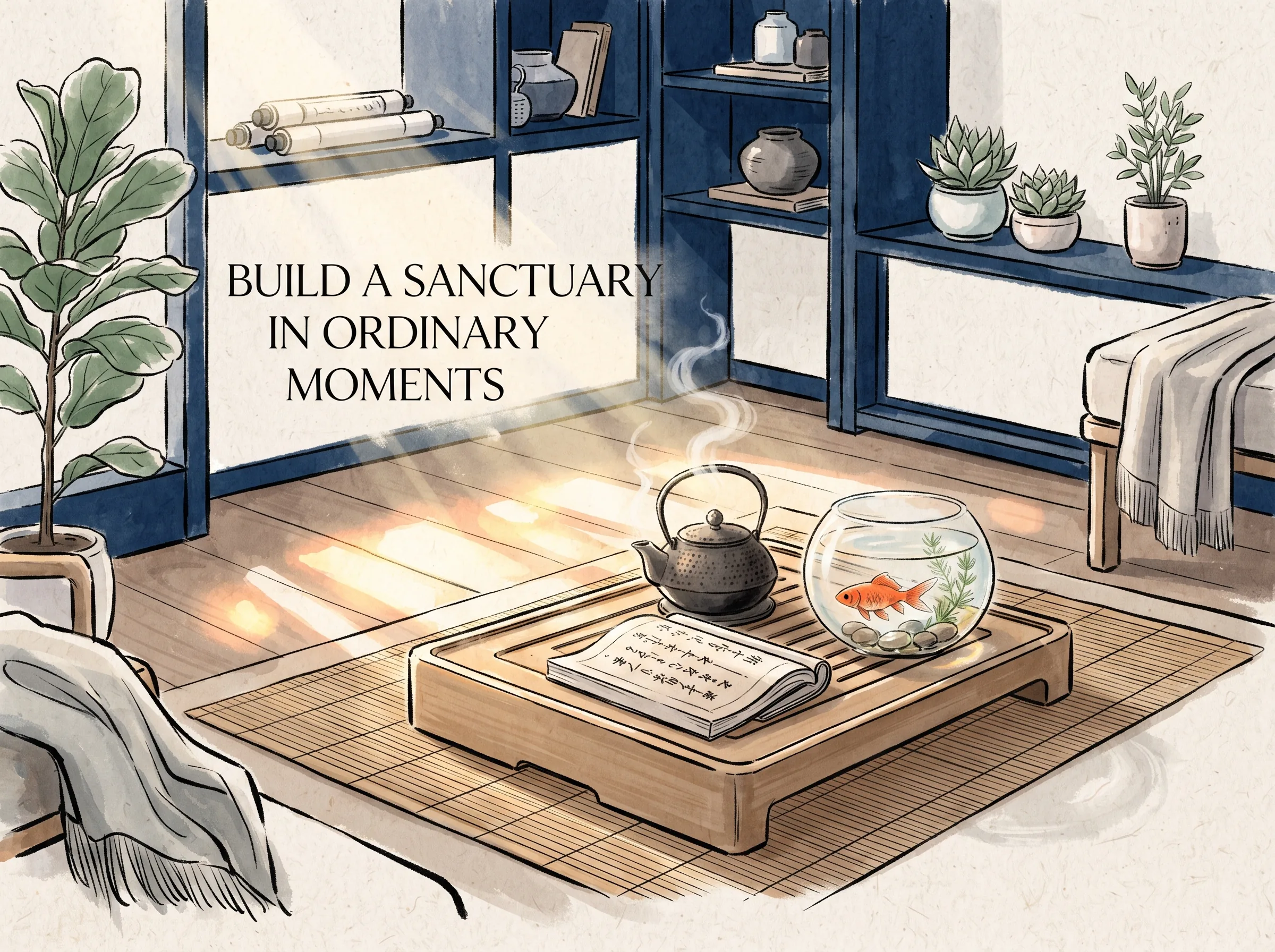 a modern home sanctuary corner featuring a clean wooden tea tray with a steaming pot, a resting book, and a clear glass bowl where a single orange carp swims leisurely in contemporary literati Chinese ink wash in deep Prussian blue and sage green with ample Xuan paper negative space, illustrating build a sanctuary in ordinary moments, embodying 美学落入日常的安顿：泡一壶茶、读半卷书、养一尾鱼，用中式审美直觉在快节奏现代生活中构建一座属于自己的宁静精神飞地 on ChiDestiny