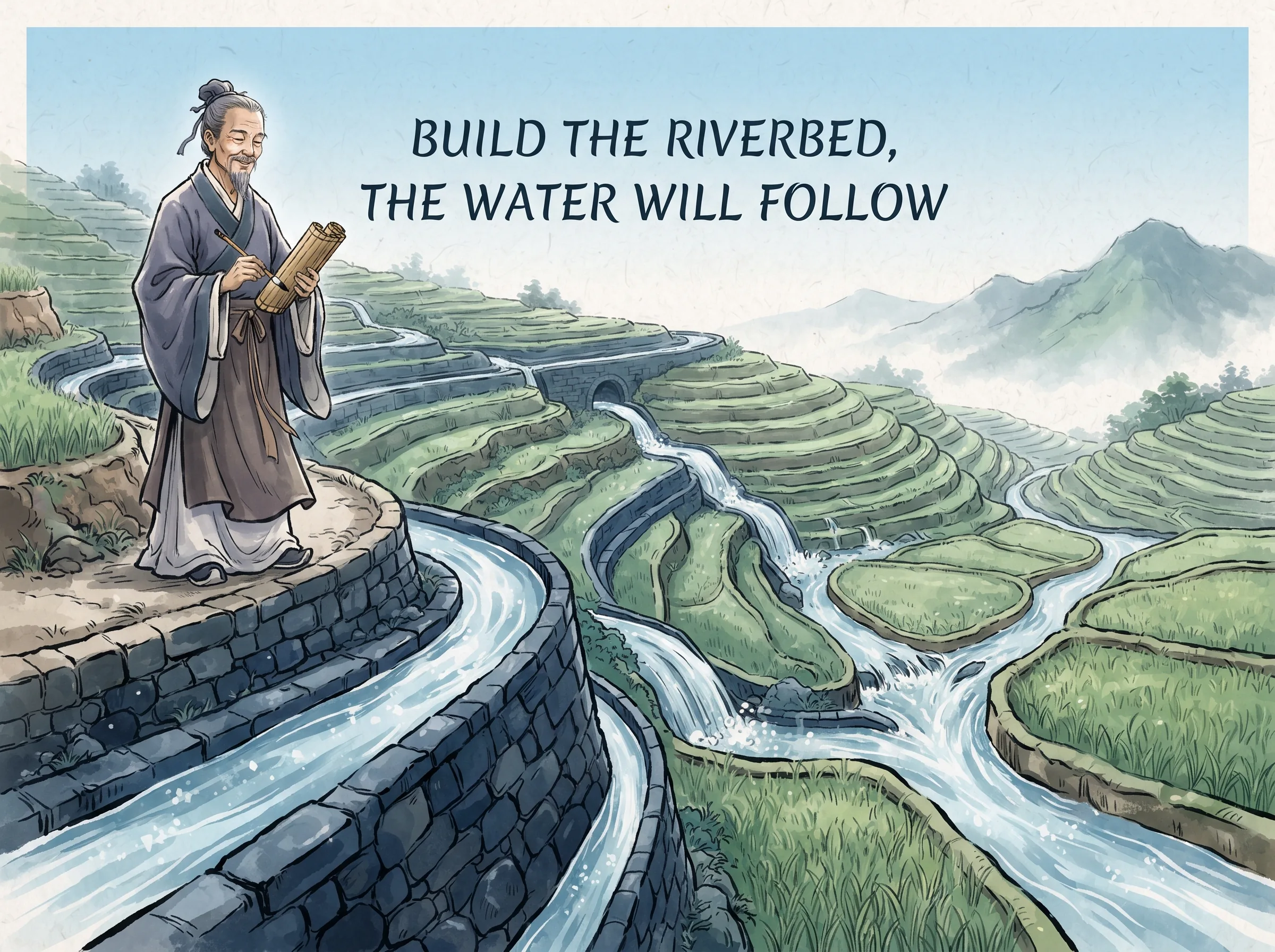 an ancient water engineer carving clean, well-sloped irrigation channels through terraced farmlands, watching sparkling water effortlessly flow to nurture hundreds of green rice paddies without manual carrying in contemporary literati Chinese ink cartoon style with Prussian blue ink wash, sage green accents, and Xuan paper negative space, illustrating build the riverbed, the water will follow, embodying 可持续成功的底层密码：搭建自运行、自生长的正向循环生态，水流自然灌溉田地，胜券在结构中自然生长 on ChiDestiny