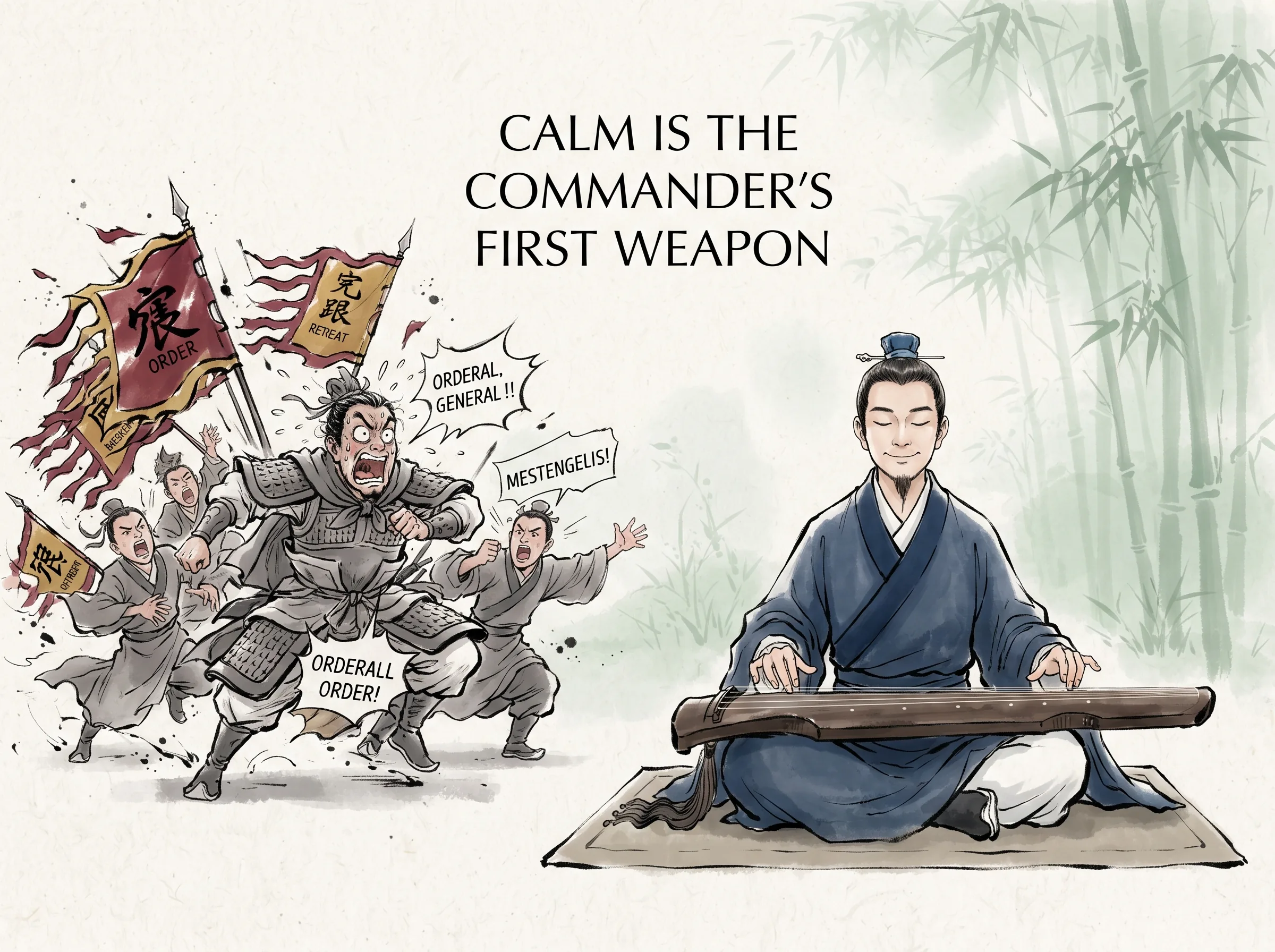 vivid contrast of a frantic, panicked general surrounded by fluttering battle flags and shouting messengers, while beside him a serene strategist in deep Prussian blue scholar robe sits calmly tuning a wooden zither in contemporary literati Chinese ink cartoon style with Prussian blue ink wash, sage green accents, and Xuan paper negative space, illustrating calm is the commander's first weapon, embodying 高压风暴下的盲动与从容：焦头烂额的指挥官在漫天迷雾中仓皇调兵，而深谙孙子智慧的军师闭目抚琴，在嘈杂中构筑心灵防火墙 on ChiDestiny