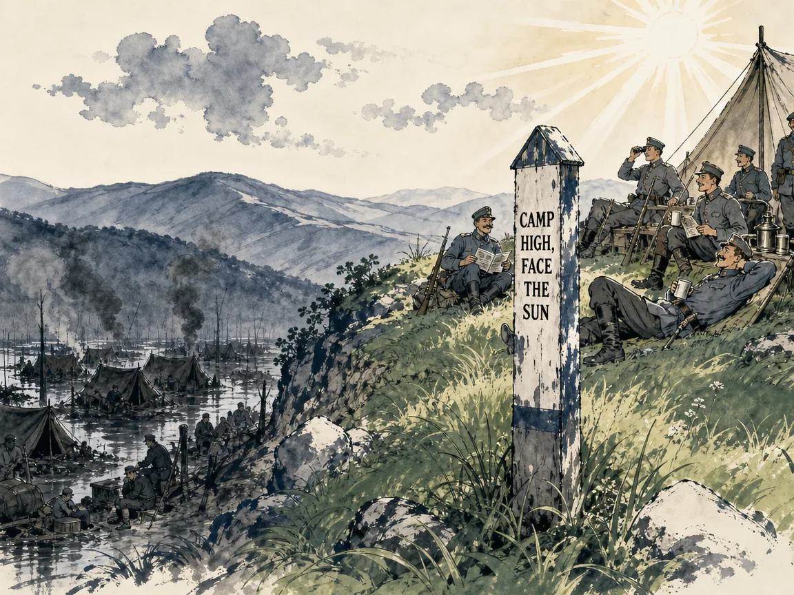 soldiers comfortably relaxing in a bright sunny hilltop camp overlooking fresh breezes, contrasted with a soggy gloomy encampment stuck down in a shadowy stagnant swamp below, Prussian blue ink hills and distant ridges in contemporary literati Chinese ink cartoon style with Prussian blue ink wash, sage green accents, and Xuan paper negative space, illustrating camp high, face the sun, embodying 大军扎营于向阳高爽平缓之坡，炊烟袅袅将士神采奕奕；而洼地泥沼中敌军帐篷受潮发霉，士气全无 on ChiDestiny