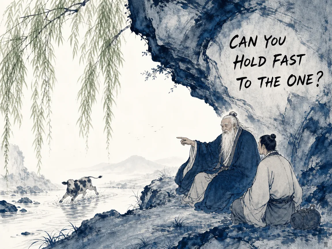 venerable master Laozi sitting peacefully beneath an overhanging rock, imparting the sacred art of unperturbed presence to a humble traveler, pointing toward a newborn calf playing naturally by the river in contemporary literati Chinese ink cartoon style with Prussian blue ink wash, sage green accents, and Xuan paper negative space, illustrating can you hold fast to the one?, embodying 老子向南荣趡传授养生真诀：能抱一乎？能勿失乎？能舍龟筮而知吉凶乎？如初生之犊不知所由 on ChiDestiny
