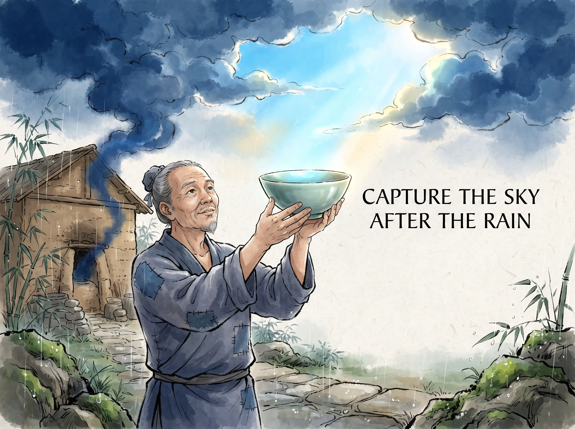 a humble Song Dynasty ceramic craftsman holding up a freshly fired Ru kiln celadon bowl toward the sky just after a rainstorm, where clouds part to reveal luminous azure light, deep Prussian blue parting clouds and kiln smoke in contemporary literati Chinese ink wash in deep Prussian blue and sage green with ample Xuan paper negative space, illustrating capture the sky after the rain, embodying 宋瓷天青色'雨过天晴云破处'：瓷器匠人仰望夏雨初霁时天边那抹绝美青光，将大自然的瞬息造化凝固为手中温润澄澈的瓷碗 on ChiDestiny