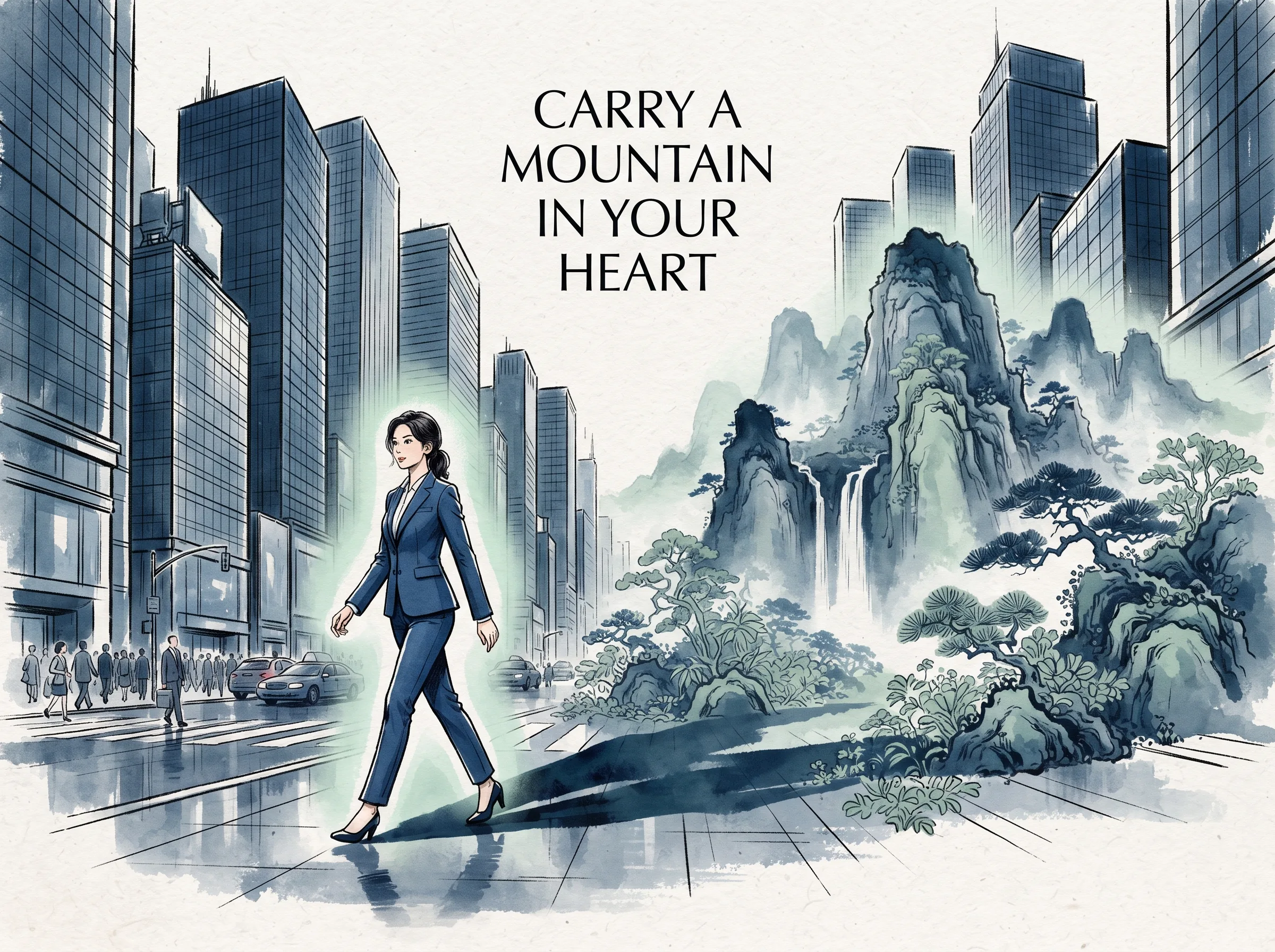a modern professional walking calmly through a bustling metropolitan glass-and-steel street corner, but cast behind them on the pavement is the grand majestic shadow of an ancient misty mountain range, deep Prussian blue streetscape and suits in contemporary literati Chinese ink wash in deep Prussian blue and sage green with ample Xuan paper negative space, illustrating carry a mountain in your heart, embodying 现代人的山水精神：即便无法肉身归隐山林，心中亦可自有丘壑，在喧闹都市中保持一份山岳般的沉稳与流水般的从容 on ChiDestiny