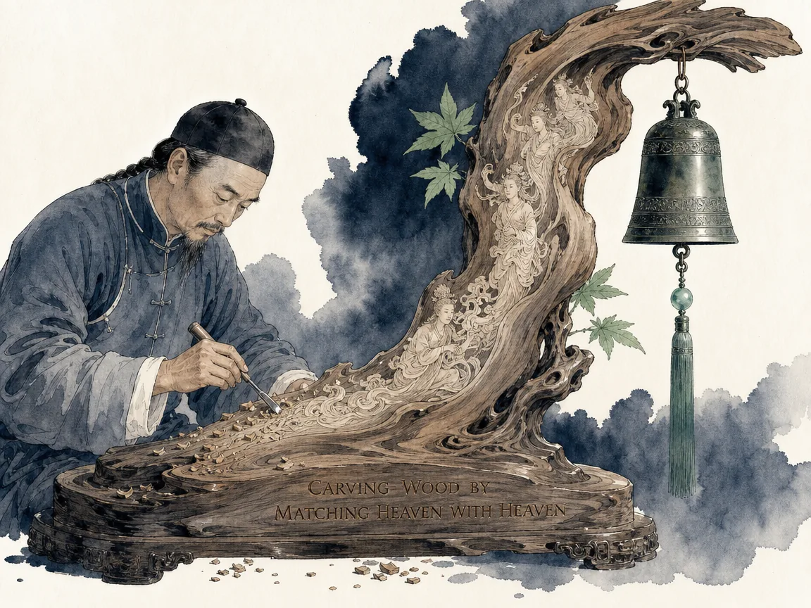 master woodcarver Qing gently running his chisel along a naturally curved magnificent timber bell-stand, its organic form revealing hidden heavenly spirits within the grain, Prussian blue studio shadows in contemporary literati Chinese ink cartoon style with Prussian blue ink wash, sage green accents, and Xuan paper negative space, illustrating carving wood by matching heaven with heaven, embodying 梓庆削木为鐻，斋戒七日忘庆赏、忘非誉、忘吾四支形体，以天合天，雕凿出宛若鬼斧神工的精绝钟架 on ChiDestiny