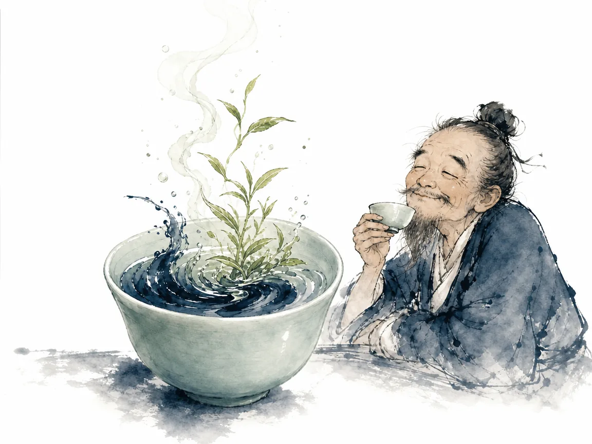 Minimalist celadon cup with swirling boiling water unfurling tender sage green leaves watched by a smiling weathered scholar in expressive literati ink wash capturing the dynamic transition from dark bitter tea essence to luminous jade warmth, illustrating the Chinese tea philosophy of Hui Gan (sweet aftertaste), showing that patient brewing transforms bitterness into lingering sweetness on ChiDestiny