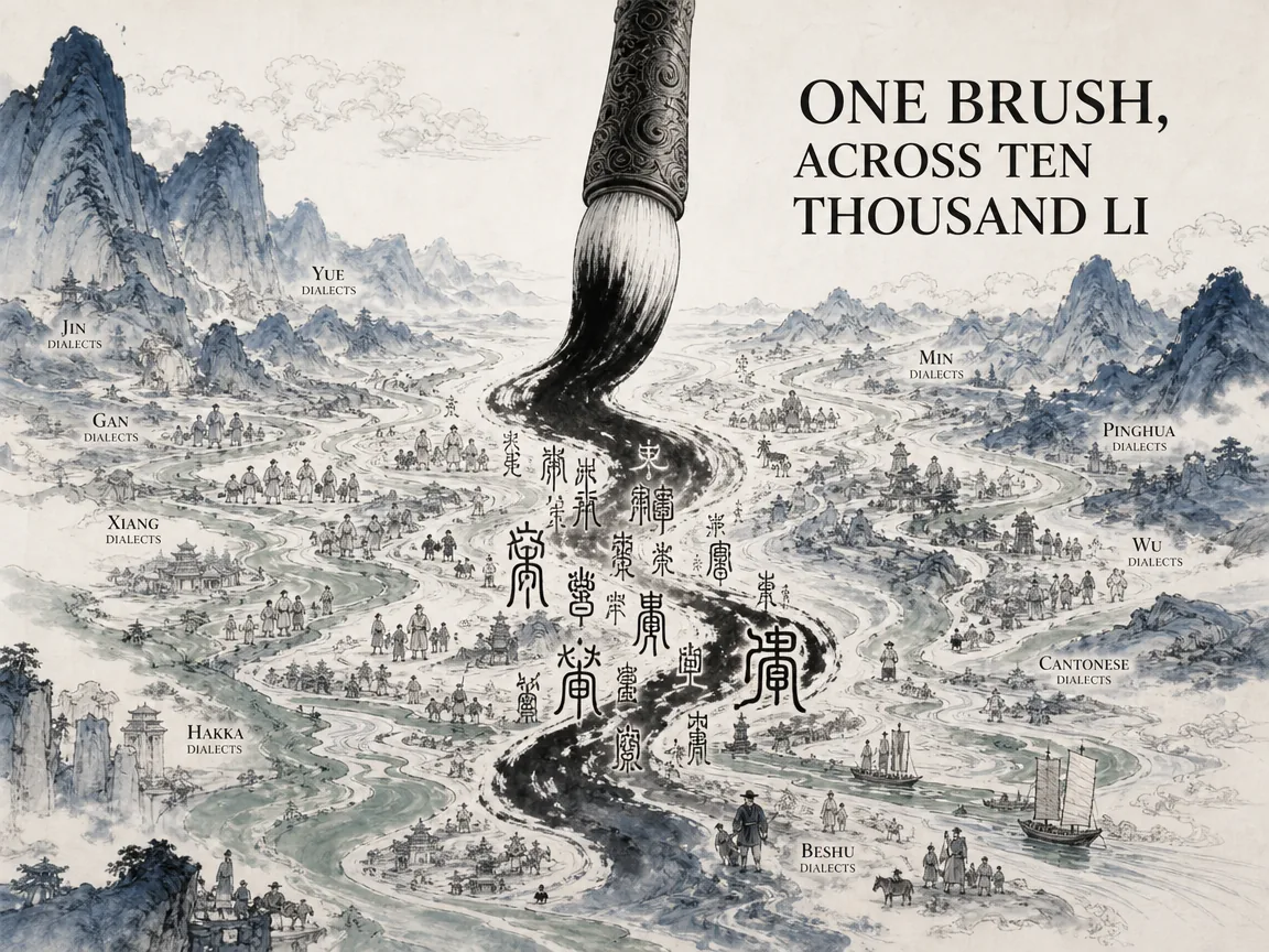 Grand celestial calligraphy brush descending softly above diverse rivers and mountain passes, its flowing black ink transmuting into archaic characters that anchor all dialects and regions in rich Prussian blue mountain contours, subtle sage green river deltas, and expansive Xuan paper space, illustrating one brush across ten thousand li, demonstrating how shared ideographic writing preserved civilizational memory across geographical barriers on ChiDestiny