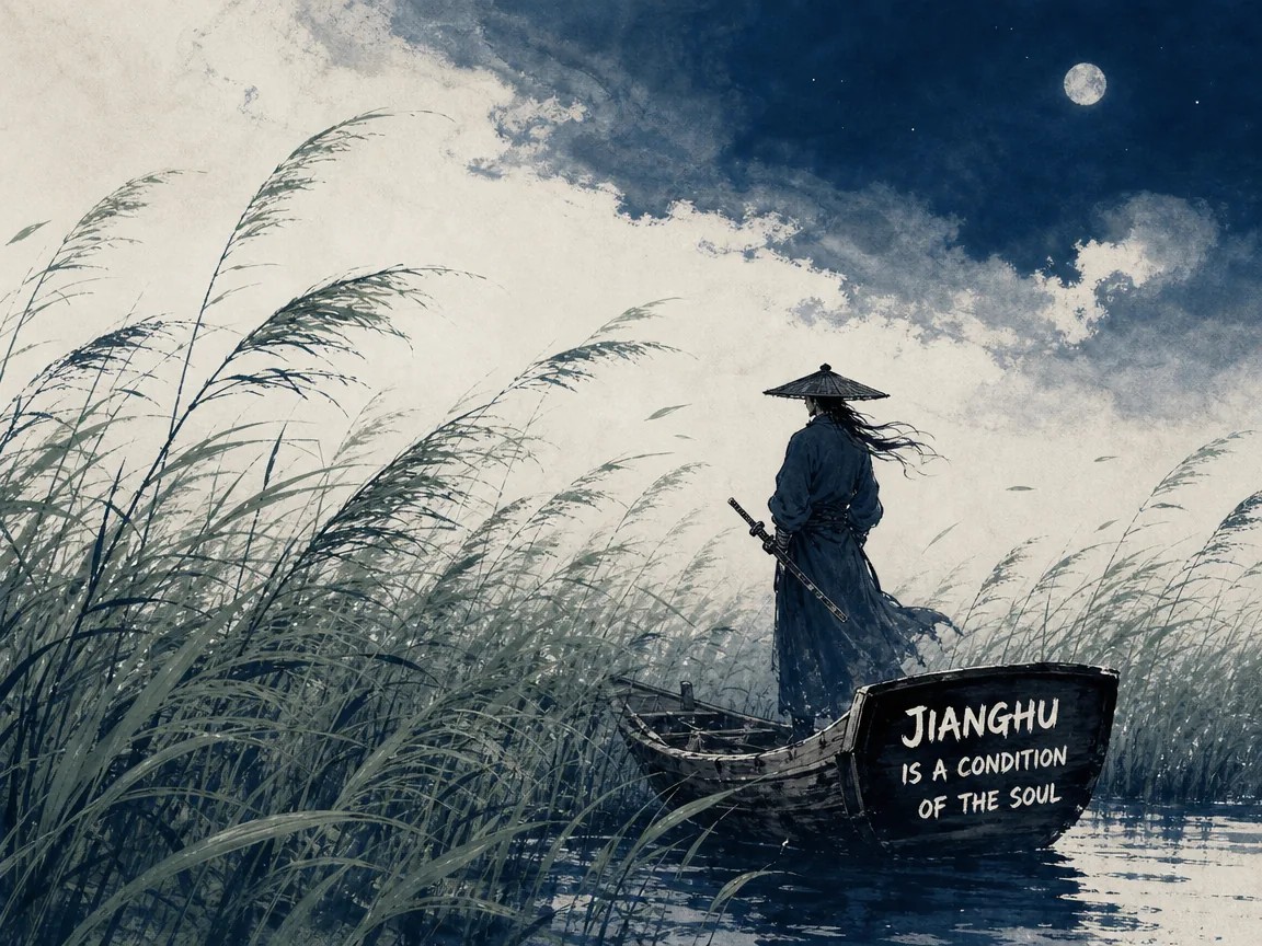Iconic cinematic swordsman in a wide bamboo conical hat standing motionless by a lone skiff in an immense sea of wind-swept river reeds, sword sheathed at hip, gazing into existential misty distance in deep Prussian blue nocturnal tones, radiant sage green reed blades, and wide rice paper blankness, illustrating Jianghu as a condition of the soul, where the true martial arena is moral conscience rather than geography on ChiDestiny