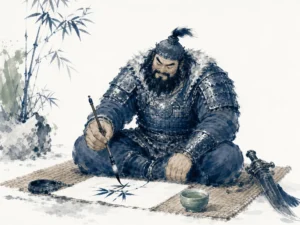 Nomadic warrior in heavy iron mail armor seated upon a woven mat carefully holding a slender writing brush beside a tea bowl in introspective literati wash in Prussian blue and sage green highlighting gentle historical irony, illustrating Chinese civilizational gravity assimilating military conquerors through the enduring warmth of poetry and tea on ChiDestiny