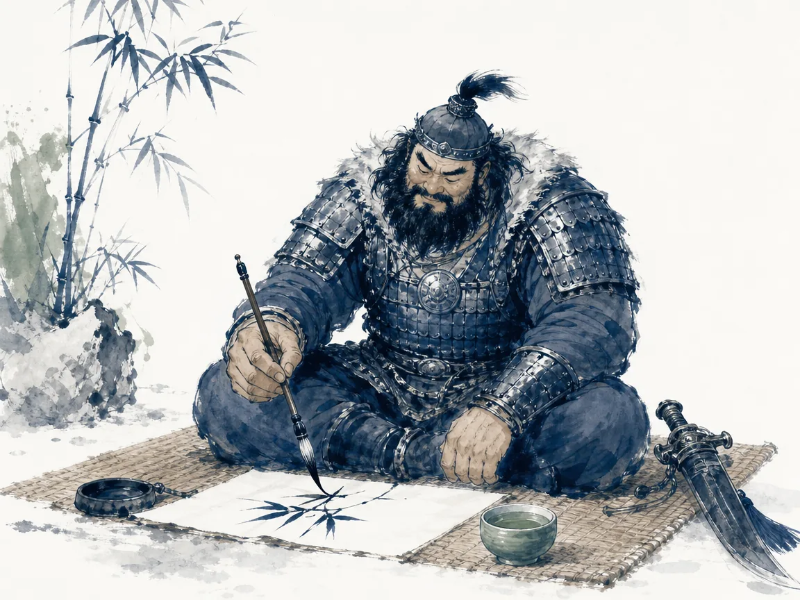 Nomadic warrior in heavy iron mail armor seated upon a woven mat carefully holding a slender writing brush beside a tea bowl in introspective literati wash in Prussian blue and sage green highlighting gentle historical irony, illustrating Chinese civilizational gravity assimilating military conquerors through the enduring warmth of poetry and tea on ChiDestiny