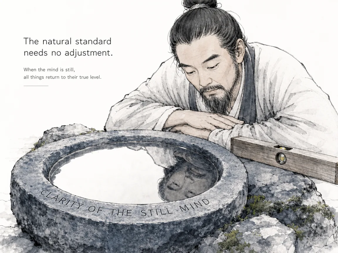 an artisan resting his wooden level beside a shallow stone bowl of pure still water that perfectly mirrors his calm gaze and eyebrow hairs, demonstrating the natural standard of ultimate inner balance, Prussian blue stone textures in contemporary literati Chinese ink cartoon style with Prussian blue ink wash, sage green accents, and Xuan paper negative space, illustrating clarity of the still mind, embodying 平如水准之清泉映照须眉纤毫毕现，匠人以之为衡；人心止水清澈明照，神明自来 on ChiDestiny
