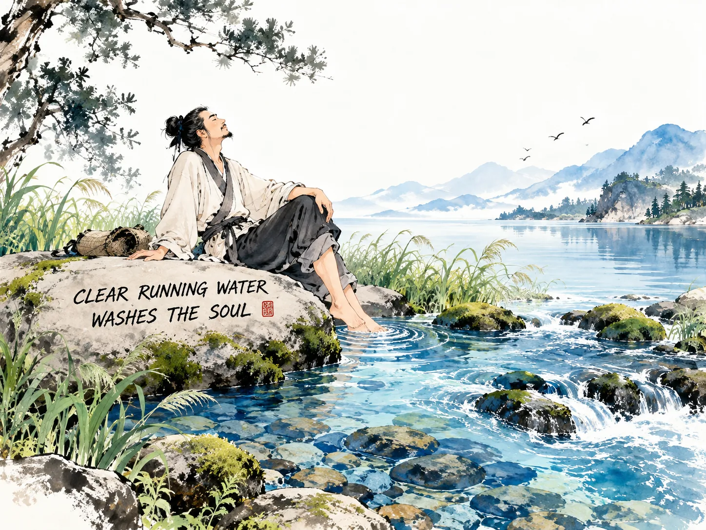 an unhurried traveler resting barefoot on a smooth flat river stone, dipping feet into pure clear brook waters, watching tiny ripples carry away all dust and hurried anxieties into the great lake beyond in contemporary literati Chinese ink wash in deep Prussian blue and sage green with ample Xuan paper negative space, illustrating clear running water washes the soul, embodying 一位行者临溪涤足，流水潺潺带走胸中杂念，心静如古井澄澈，岸边芦苇随风轻摇，道出古诗涵养深沉真情之源 on ChiDestiny