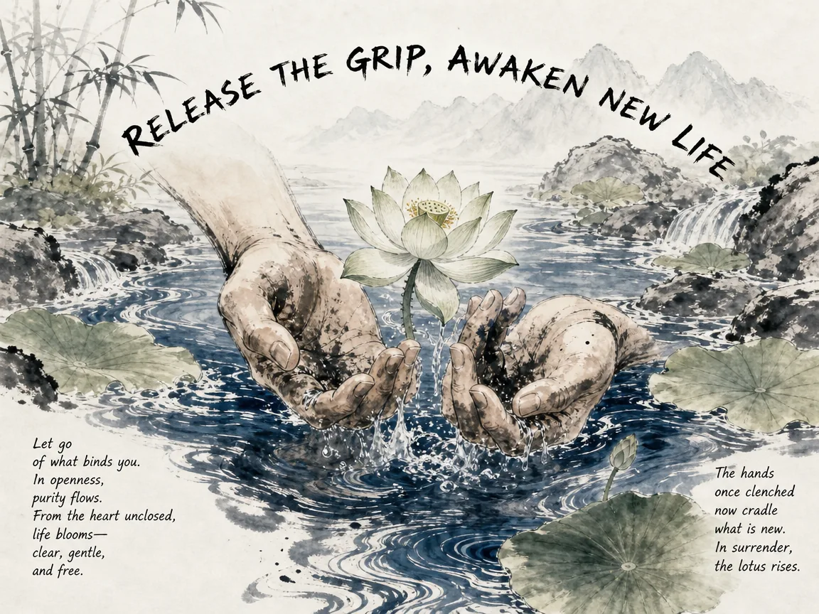 Two tense clenched fists opening peacefully within a clear running mountain brook, rinsing away dark dirt while a delicate lotus flower blooms naturally from the palms into sunlight in deep Prussian blue stream currents, gentle sage green lotus petals and pads, with luminous Xuan paper, illustrating releasing the grip and awakening new life, showing how relinquishing grudges restores vital emotional energy on ChiDestiny