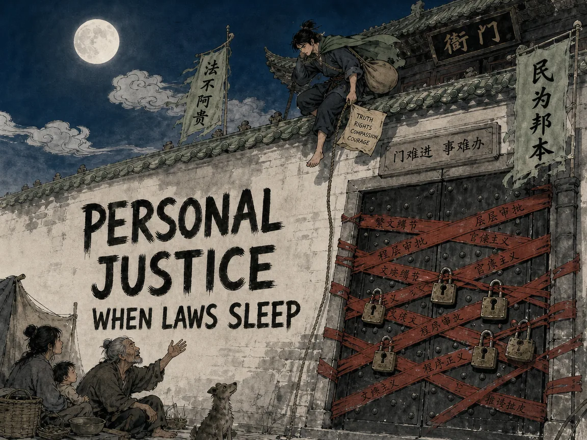 Towering closed bureaucratic palace gates tangled with endless red tape and heavy bronze padlocks, while on moonlit rooftop tiles above, an agile barefoot folk champion delivers food and truth to the destitute in deep Prussian blue night sky, muted sage green roof tiles and banners, with ample Xuan paper breathing space, illustrating personal justice when laws sleep, illustrating individual moral courage taking responsibility when formal institutions collapse on ChiDestiny
