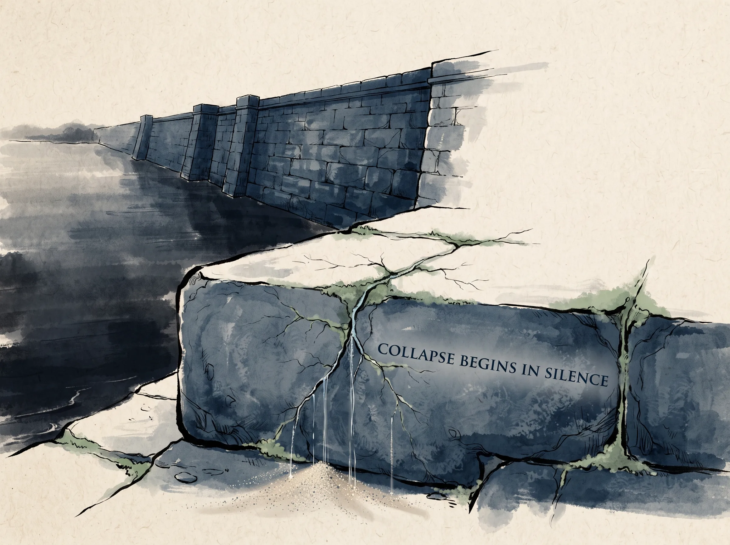 a monumental stone river dike looking invincible from a distance, but in the foreground microscopic hairline fissures trickle with tiny threads of water, carrying away fine sand grain by grain in contemporary literati Chinese ink cartoon style with Prussian blue ink wash, sage green accents, and Xuan paper negative space, illustrating collapse begins in silence, embodying 千里之堤溃于蚁穴：雄伟坚固的巍峨石坝从内部微小微隙开始渗水，起初只是一滴滴清泉，随后悄然演变为不可逆转的整体溃决 on ChiDestiny