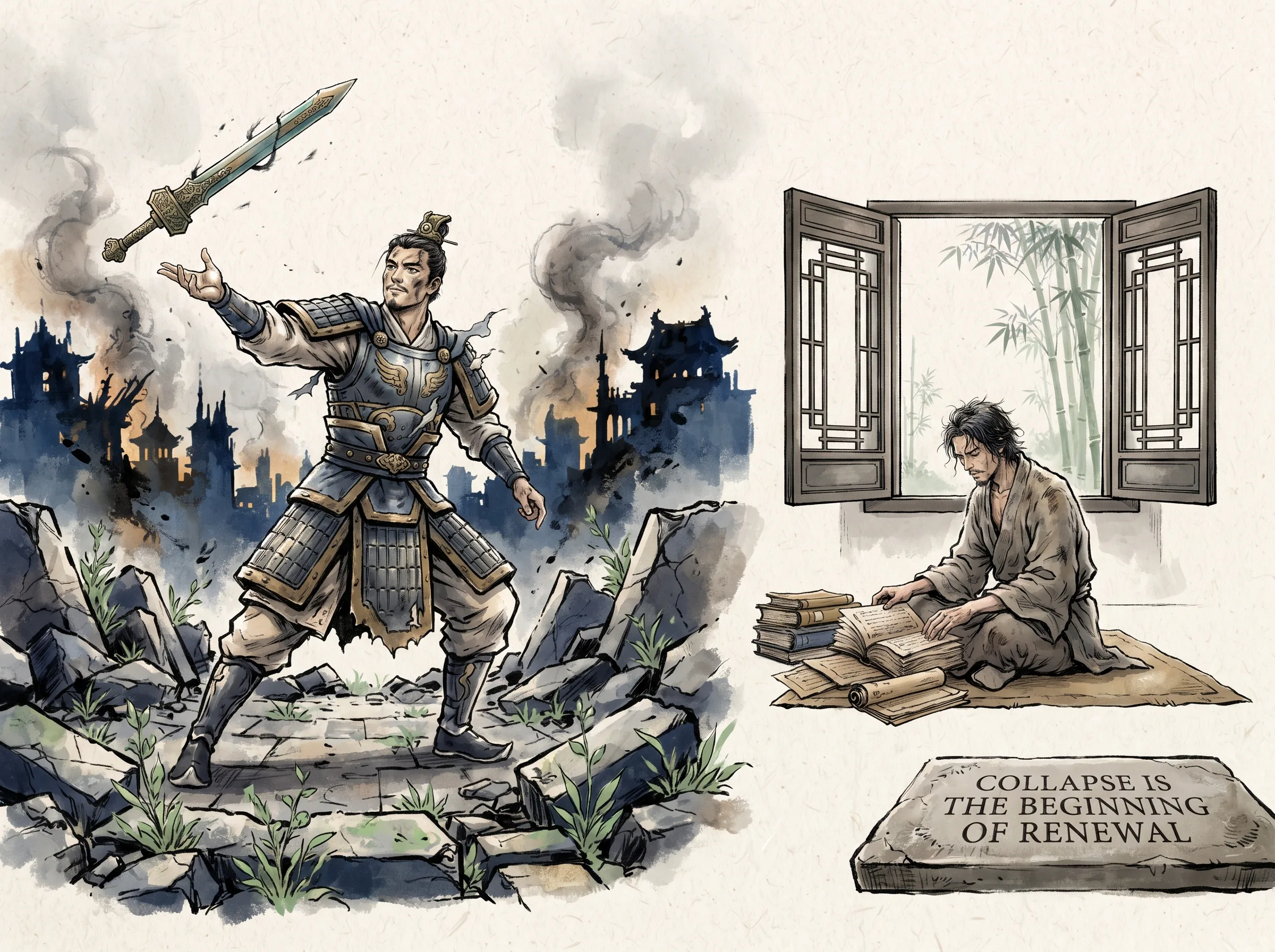 dramatic turning point, a proud imperial bodyguard tossing away his bronze sword amidst the smoking ruins of a fallen capital, sitting humbly before an open window with worn ancient books to rebuild his soul from scratch in contemporary literati Chinese ink wash in deep Prussian blue and sage green with ample Xuan paper negative space, illustrating collapse is the beginning of renewal, embodying 少为三水郎时的韦应物骄横纵马长安，安史之乱后宫阙倾覆繁华散尽，他站在焦土废墟前闭门悔过折节读书，迎来生命的浴火重生 on ChiDestiny