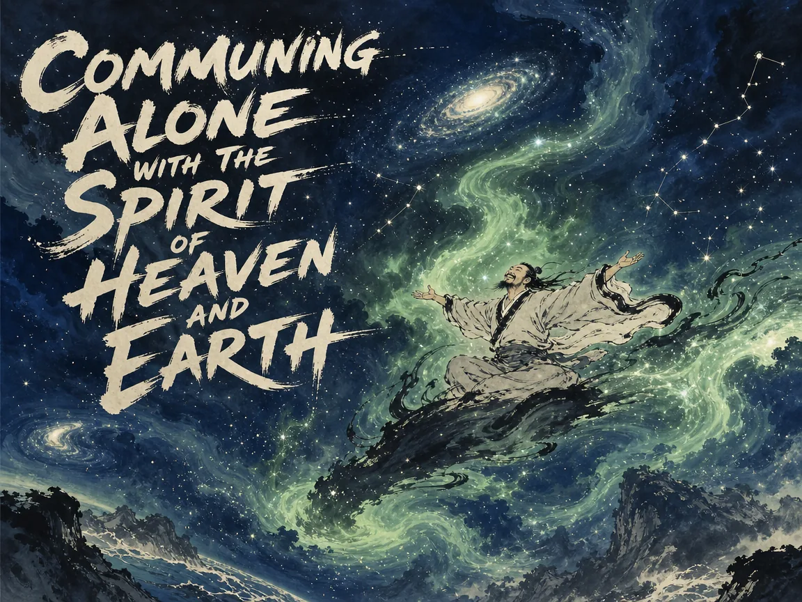 grand crowning visual masterpiece, Zhuangzi soaring playfully through the starry celestial boundless void astride cosmic winds, laughing with joyous abandon among spinning galaxies in contemporary literati Chinese ink cartoon style with Prussian blue ink wash, sage green accents, and Xuan paper negative space, illustrating communing alone with the spirit of heaven and earth, embodying 庄周以谬悠之说、荒唐之言、无端崖之辞独与天地精神往来，傲立红尘之上与日月同辉，全篇33卷压轴神思 on ChiDestiny