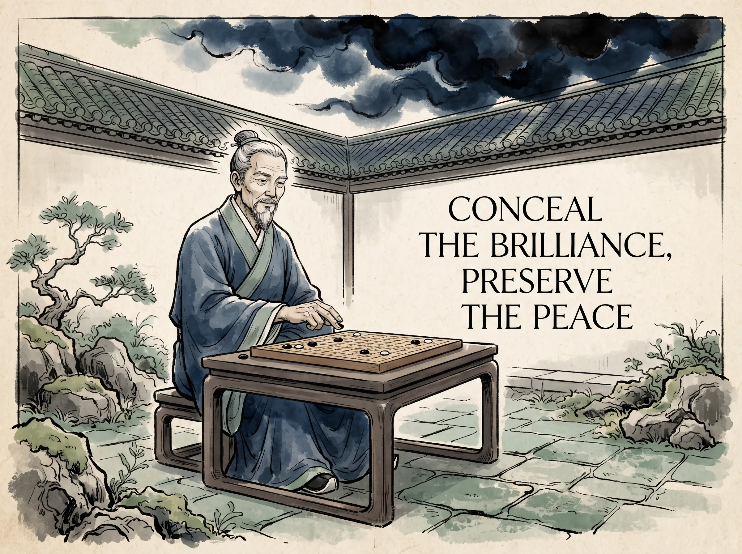 an unflappable statesman seated calmly before a Go chessboard in an open courtyard as stormy political clouds gather above the roof tiles, placing a black stone with relaxed certainty, deep Prussian blue storm clouds and long scholar gown in contemporary literati Chinese ink wash in deep Prussian blue and sage green with ample Xuan paper negative space, illustrating conceal the brilliance, preserve the peace, embodying 历史大智者的藏锋避险：曾国藩或谢安面对波谲云诡的风暴，收敛锋芒退居幕后，在棋局与静室中气定神闲，以柔克刚护全大局 on ChiDestiny