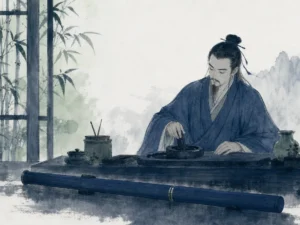 Ancient sheathed sword resting peacefully beside a rounded calligraphic brush on a jade rest in subdued dignified scholar-warrior still-life with soft velvet shadows and quiet lacquer tones, illustrating Cang Feng (Concealing the Edge), preserving potent inner power through intentional modesty on ChiDestiny