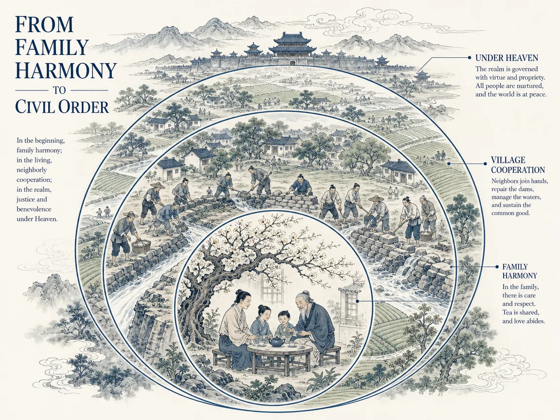 Poetic nested concentric circles illustrating Confucian society: a family sharing tea under an apricot tree at the core, expanding outward into village elders repairing dams, and culminating in the peaceful commonwealth in Prussian blue architectural lines, calming sage green tree canopy and farmland, with bright paper space, illustrating from family harmony to civil order, showing how interpersonal moral responsibility naturally scales into civilizational governance on ChiDestiny