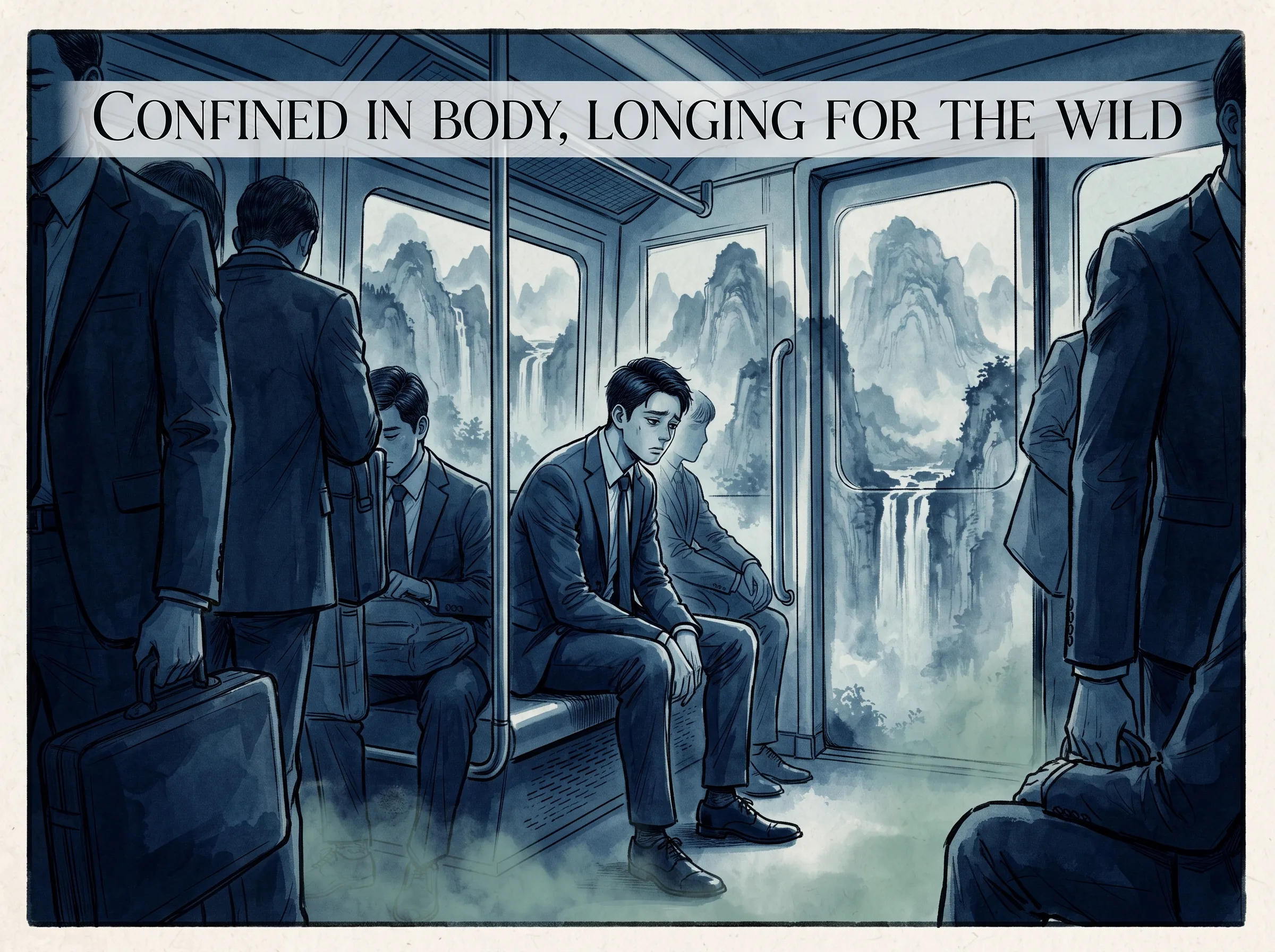 an exhausted modern commuter sitting in a crowded subway train or boxed cubicle staring wistfully into distance, where translucent ink-wash peaks and waterfalls subtly bleed through the metallic walls, deep Prussian blue modern architecture and suited figures in contemporary literati Chinese ink wash in deep Prussian blue and sage green with ample Xuan paper negative space, illustrating confined in body, longing for the wild, embodying 现代人在都市钢铁丛林与精密轨道上日夜奔忙被困在既定轨道，渴望远方而不可得，身体被禁锢而心灵呼唤旷野 on ChiDestiny