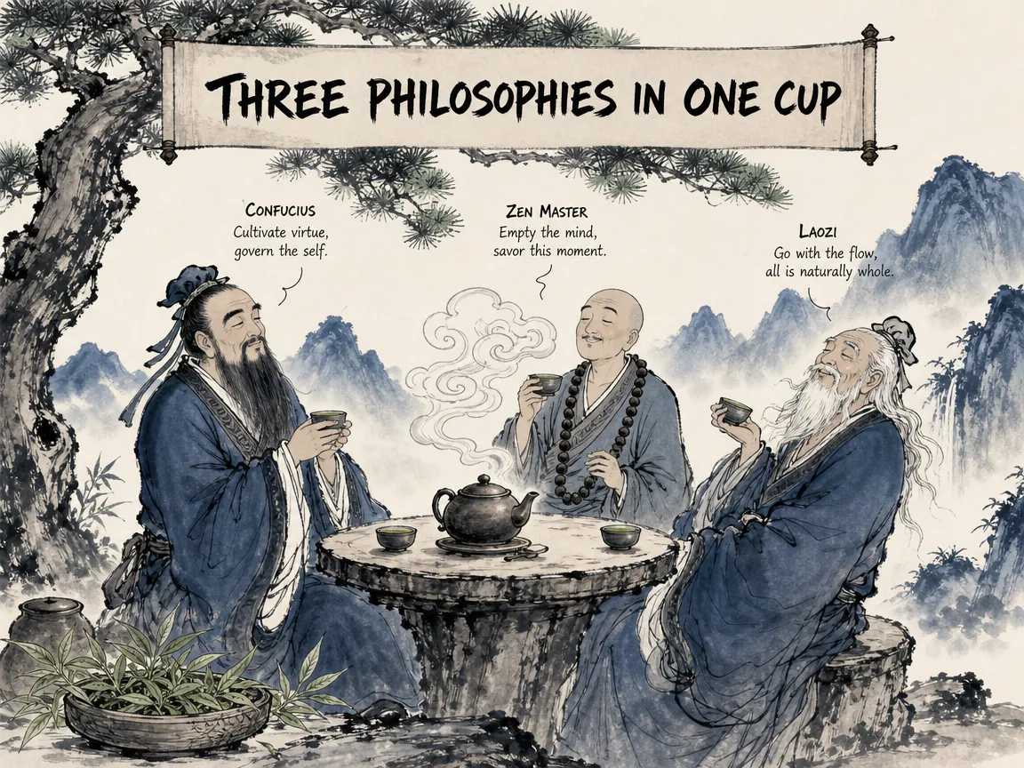 A single ceramic teacup containing swirling steam shaped into three intertwined symbols — the Confucian ritual vessel, the Daoist flowing river, and the Buddhist lotus — merging into one fragrant breath in contemporary literati Chinese ink wash in deep Prussian blue and warm amber glaze tones, illustrating three philosophies united in one cup, showing how tea ceremony harmonizes Confucian ritual, Daoist spontaneity, and Buddhist mindfulness on ChiDestiny