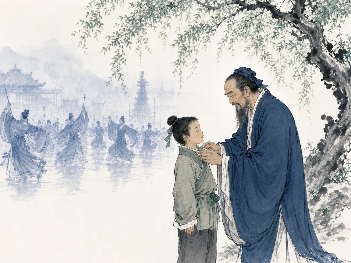 Two scholars exchanging respectful traditional hand greetings beneath a blooming plum arbor in a tranquil courtyard in harmonious narrative Chinese brushwork with balanced spatial symmetry, illustrating Confucian ritual as empathetic appropriateness and mutual human dignity rather than rigid hierarchy on ChiDestiny