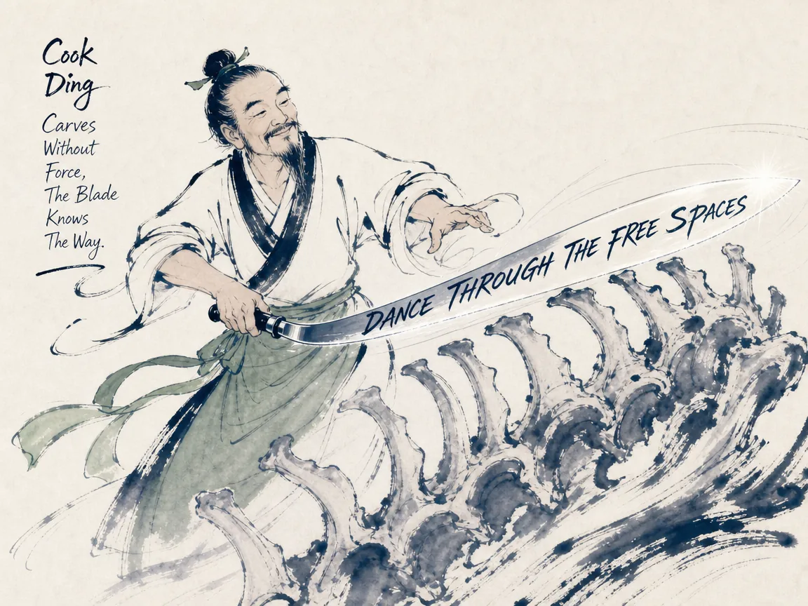 Cook Ding standing poised with an impeccably sharp slender blade, smiling as he effortlessly navigates intricate bone gaps without hitting resistance or dulling the steel in dynamic Prussian blue ink linework, fresh sage green apron ribbon, and bright Xuan paper, illustrating dancing through the free spaces, embodying Zhuangzi's Daoist craft mastery of finding openness where others see obstacles on ChiDestiny