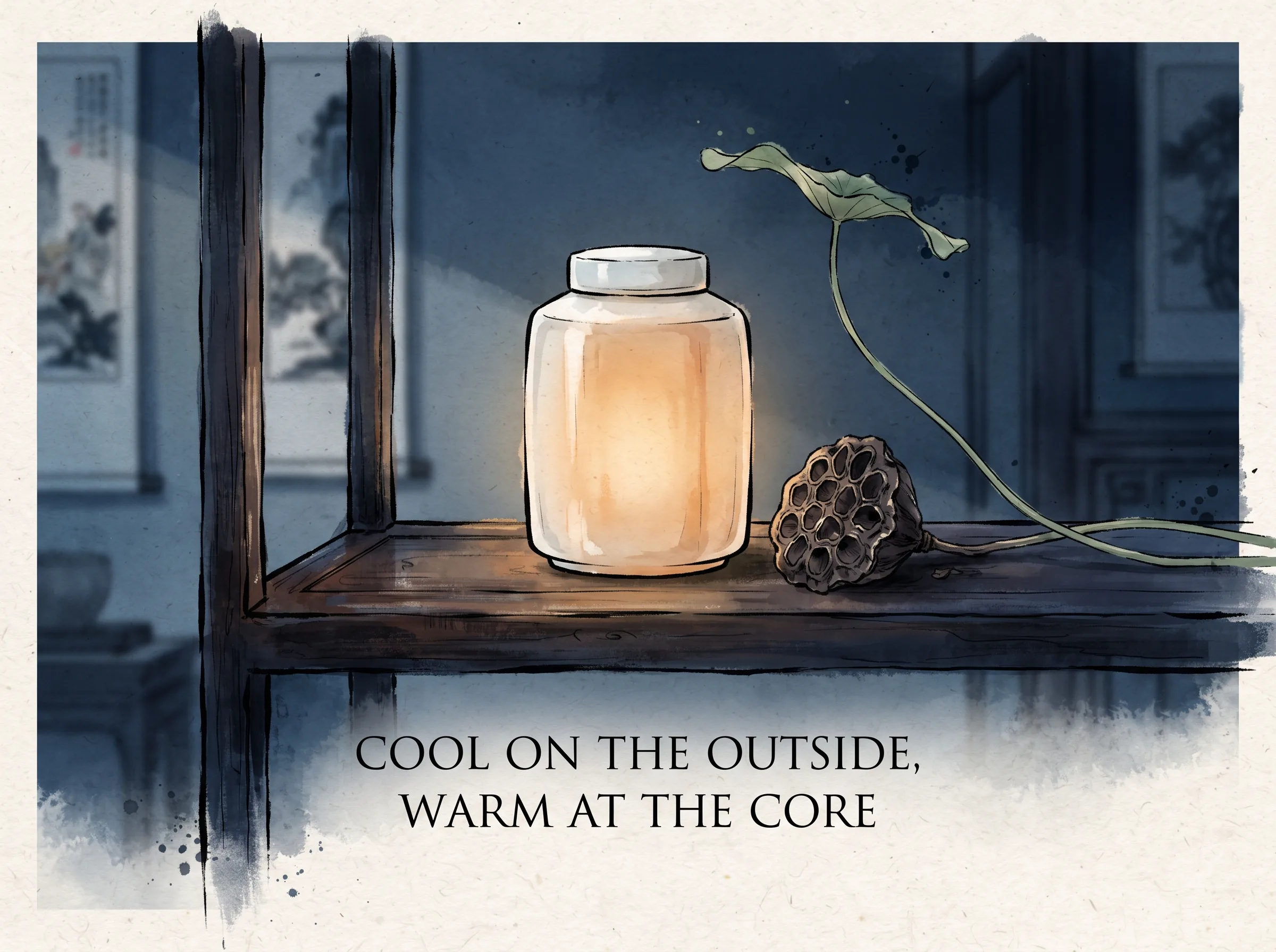 a simple white porcelain tea caddy standing on a dark wooden shelf beside a single dry lotus seed pod, glowing softly with an interior warm amber lantern light through its translucent walls, deep Prussian blue background and shelf in contemporary literati Chinese ink wash in deep Prussian blue and sage green with ample Xuan paper negative space, illustrating cool on the outside, warm at the core, embodying 中式美学的'外冷内温'：素白如雪的素雅瓷罐，外表清冷孤高如寒冬，内里却温润滋养着春日新采的甘醇香茗，含蓄而深情 on ChiDestiny