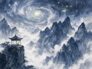 Colossal granite mountain cliff towering over a minuscule traveler leading pack mules across a bridge in monumental Northern Song-style landscape wash with dramatic vertical scale and rugged textures, illustrating cosmic awe where tiny human figures in vast mountains liberate the ego from modern anxiety on ChiDestiny