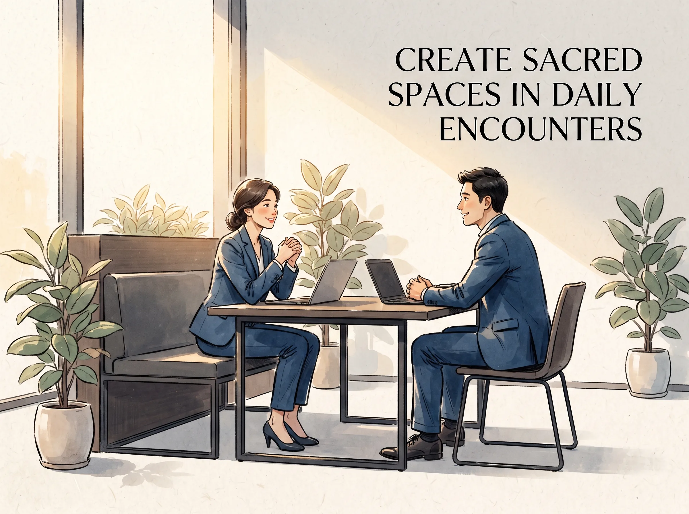modern colleagues sitting in a sunlit meeting nook having a calm face-to-face conversation with screens closed, warm attentive gestures radiating empathy and mutual dignity, deep Prussian blue suits and modern furniture in contemporary literati Chinese ink wash in deep Prussian blue and sage green with ample Xuan paper negative space, illustrating create sacred spaces in daily encounters, embodying 在数字时代纷繁的社交中重拾礼之精神：放慢沟通节奏，用心倾听他人，在日常言行举止间为他人留出尊严与体面 on ChiDestiny