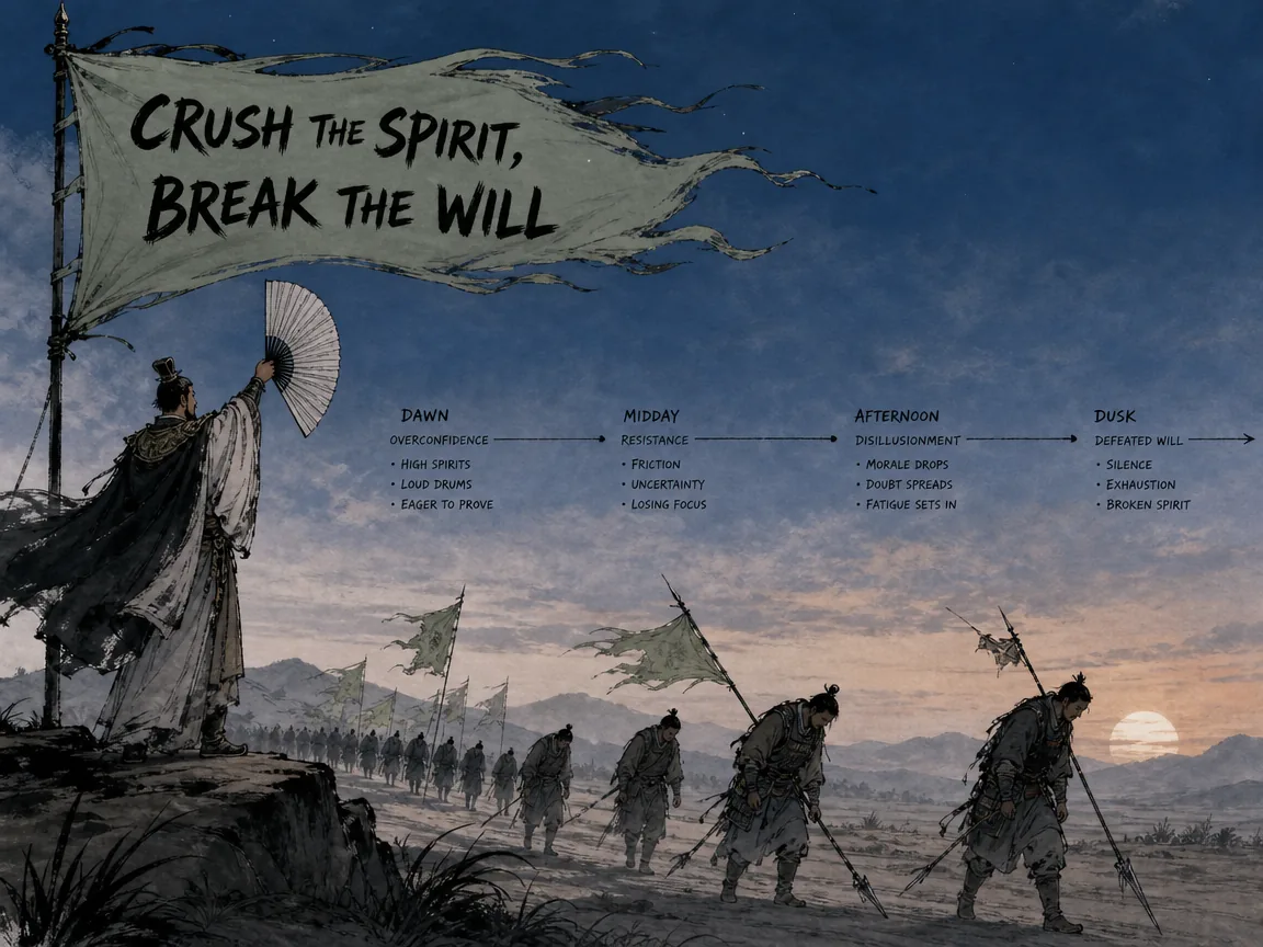 psychological battlefield timeline, showing cocky morning troops losing all vigor and dragging their spears in the twilight dusk, while an observant general monitors their waning morale and raises his signal fan in contemporary literati Chinese ink cartoon style with Prussian blue ink wash, sage green accents, and Xuan paper negative space, illustrating crush the spirit, break the will, embodying 清晨敌军营地士气如初升烈阳，黄昏时则军心萎靡丢盔弃甲，主帅看准天色与心理涨落，举起号旗发起决定性总攻 on ChiDestiny