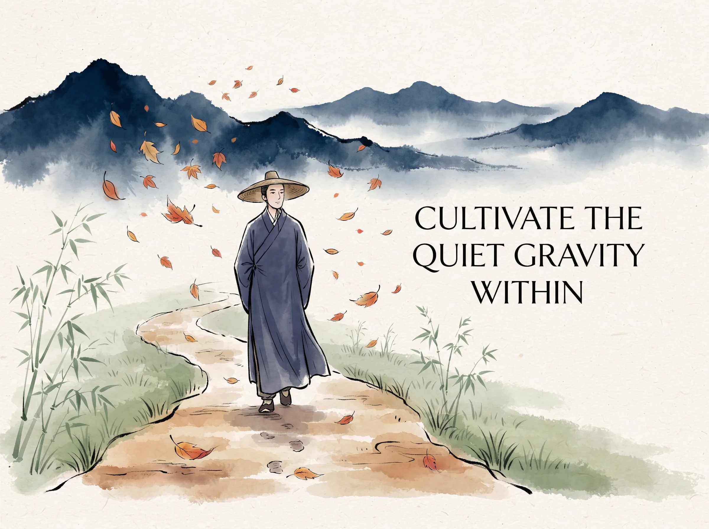 a solitary figure walking peacefully down an open autumn path beneath falling leaves, unbothered by changing seasons, centered in quiet dignity and grounded footsteps in contemporary literati Chinese ink wash in deep Prussian blue and sage green with ample Xuan paper negative space, illustrating cultivate the quiet gravity within, embodying 不随波逐流追逐外在皮相焦虑，通过读书、静虑与诚实自处，让生命沉淀出任凭岁月流转也不被风霜磨灭的气定神闲 on ChiDestiny