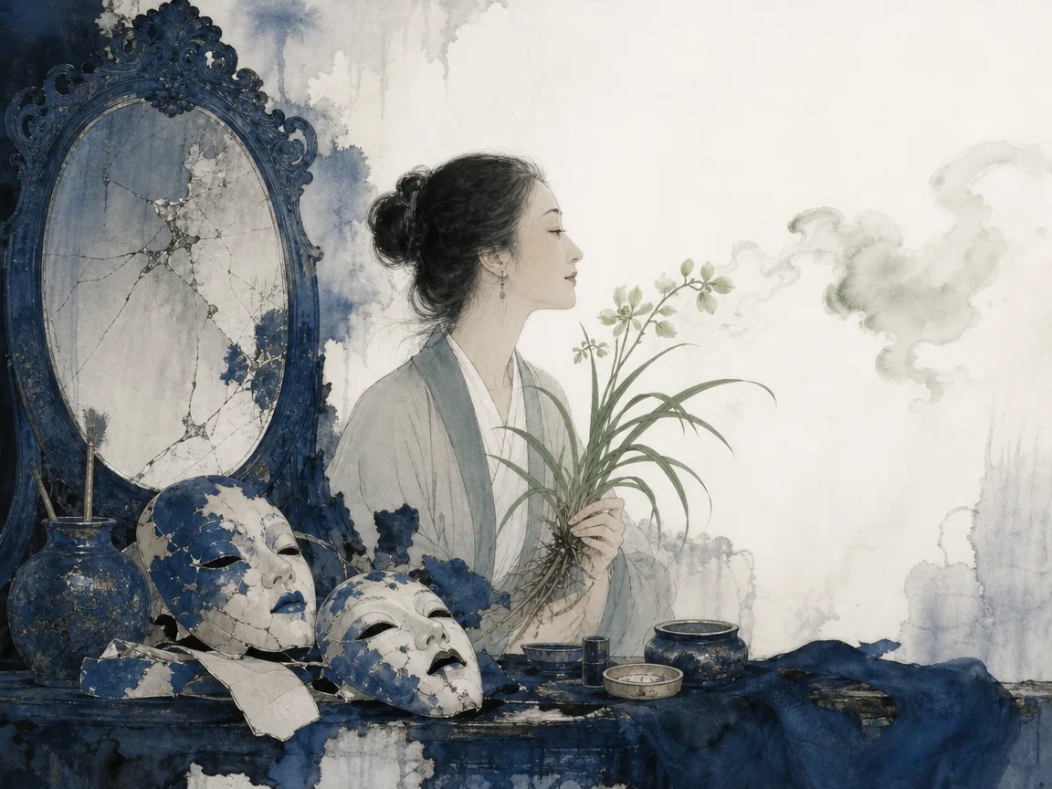 Serene elder with composed posture gazing across a quiet bamboo garden from a stone moon gate in poetic literati ink portrait blending dignified human form with natural bamboo textures, illustrating cultivating invisible spiritual presence and enduring grace that deepens with age on ChiDestiny