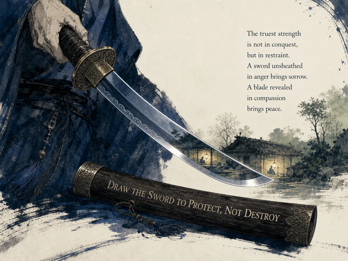 Ancient curved sword drawn just two inches from its wooden scabbard, the razor-sharp polished blade reflecting a lone warm lantern burning inside a frail village cottage in rich Prussian blue steel and robe textures, warm sage green lantern glow, and airy negative space, illustrating drawing the sword to protect rather than destroy, defining the moral justification of martial force on ChiDestiny