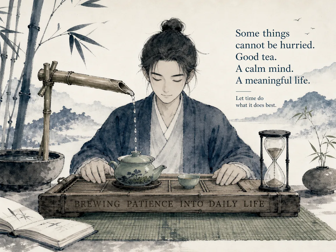 A modern professional's wooden desk at dawn with a complete gongfu tea set arranged with ritual precision — small clay teapot, fair cup, and tasting bowls — steam rising as the city skyline glows softly outside in warm Prussian blue dawn cityscape, amber morning steam glow, and serene minimalist desk space, illustrating brewing patience into daily life, showing how the deliberate ritual of gongfu tea ceremony teaches disciplined patience as a transferable life wisdom on ChiDestiny