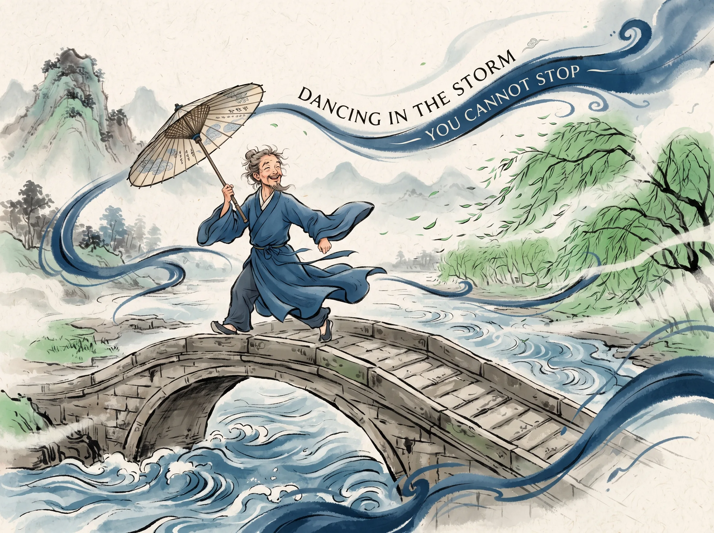 an enlightened poet twirling an oil-paper umbrella playfully amidst blowing mist and river squalls, taking joyful long strides along an ancient stone bridge, deep Prussian blue swirling wind currents and river ripples in contemporary literati Chinese ink wash in deep Prussian blue and sage green with ample Xuan paper negative space, illustrating dancing in the storm you cannot stop, embodying 面对不可测的人生风暴，苏轼以超然接纳转化逆境，在风雨中撑伞而笑，风雨既是阻碍亦是洗礼 on ChiDestiny